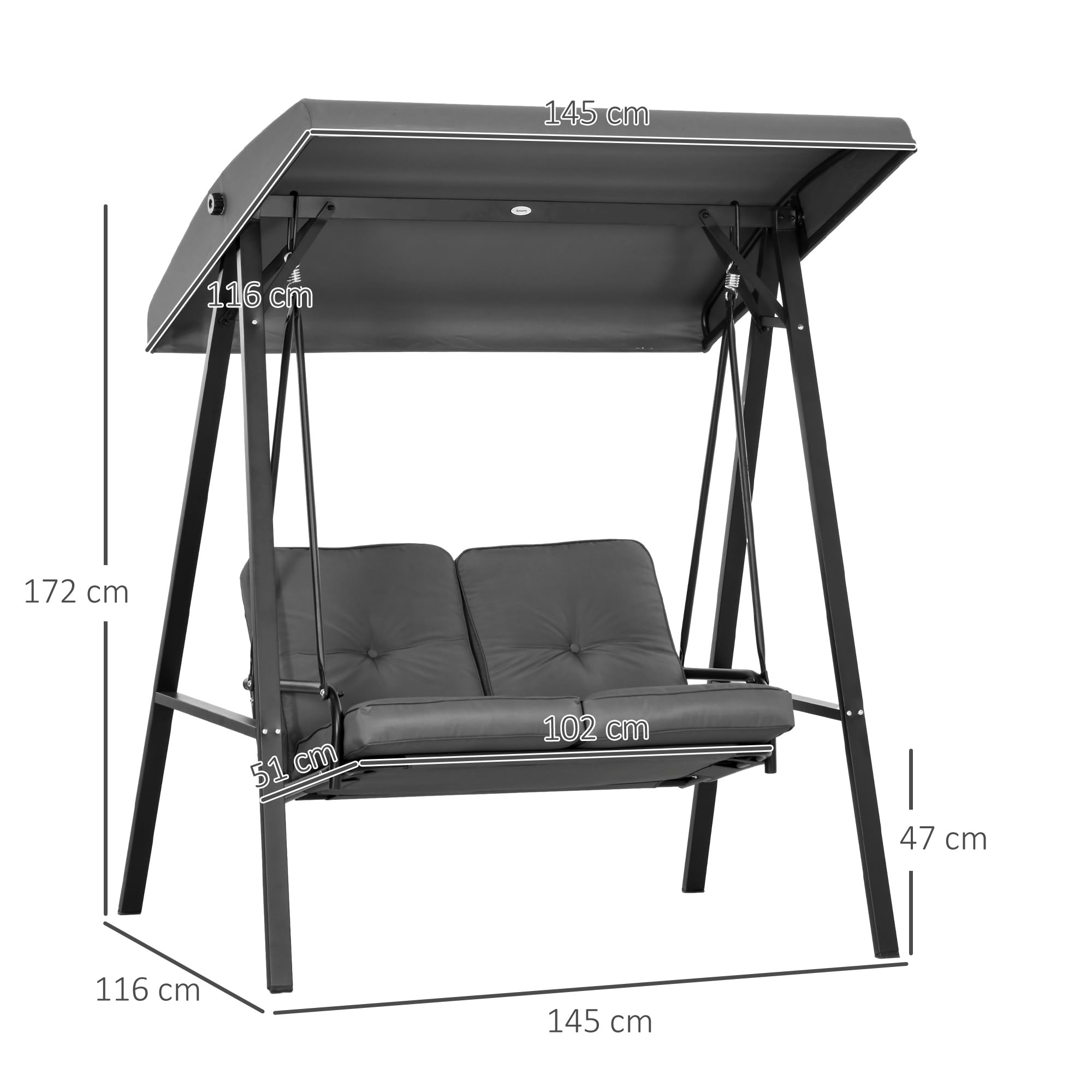 Outsunny Hollywoodschaukel 2-Sitzer 220kg 145 x 116 x 172 cm Dunkelgrau | Gartenschaukel, Verstellbarem Sonnendach, Schaukelbank, Gartenliege für Garten, Terrasse