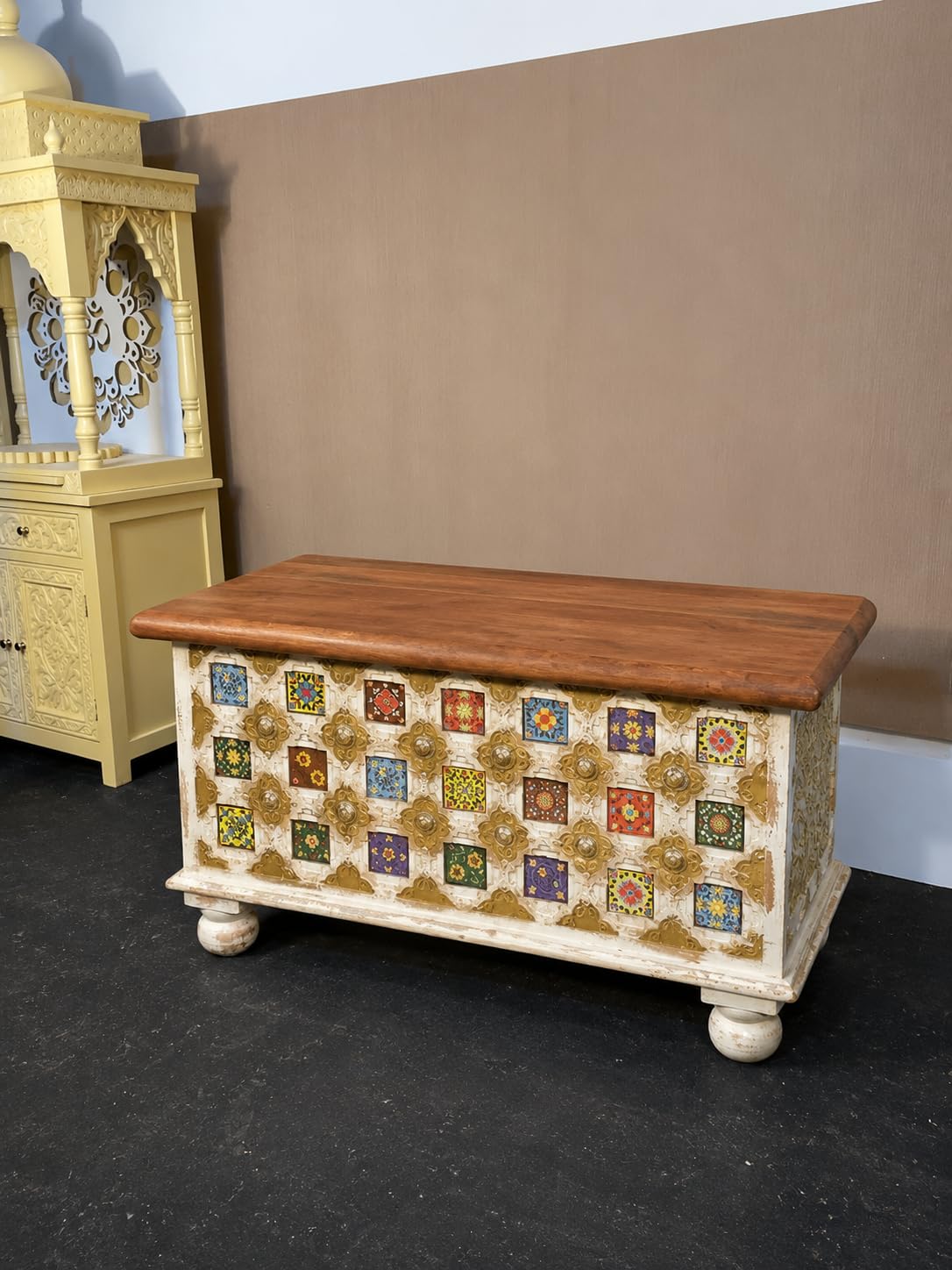 handmade wooden storage trunk chest with decorative tile work | vintage coffee table storage box | rustic blanket box for living room & bedroom