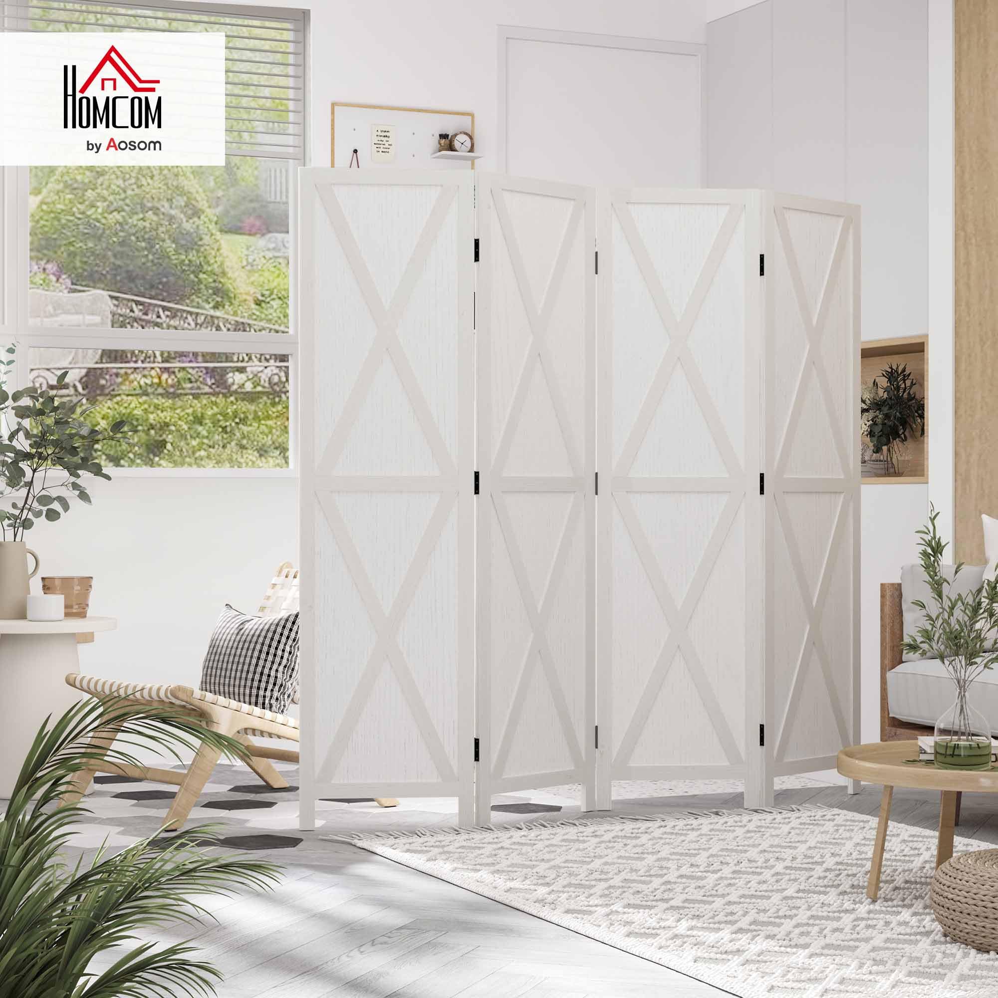 HOMCOM Biombo de 4 Paneles 182x170 cm Separador de Ambientes Plegable Biombo Separador de Ambientes para Salón Dormitorio Oficina Blanco