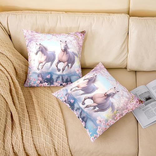 Miniatura 2 de Funda de almohada con diseño de caballo de acuarela de 16 x 16 pulgadas, funda de almohada de animales salvajes con flores de cerezo rosa para