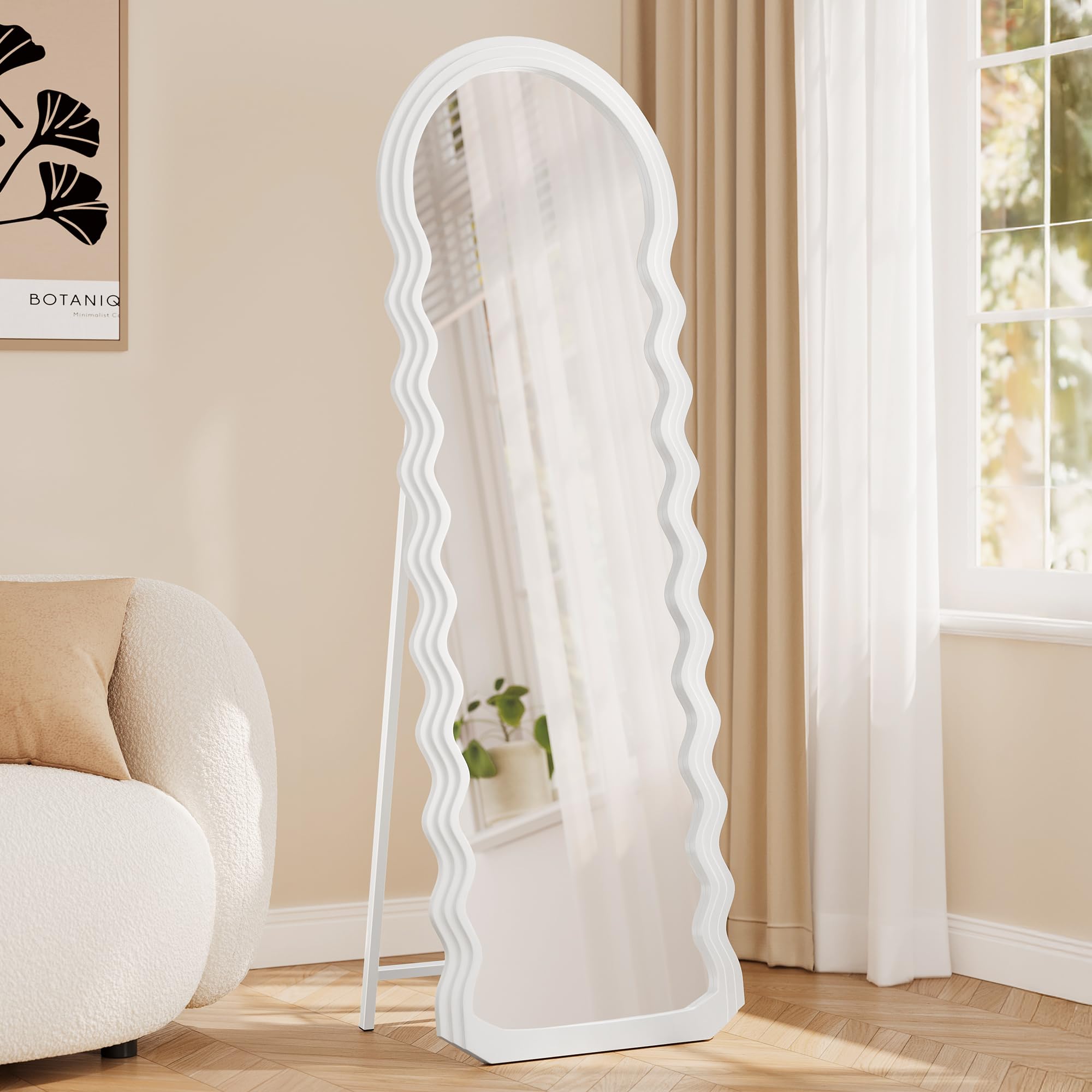 SONGMICS Miroir Complet, 160 x 50 cm, Miroir sur Pied Pleine Longueur Ondulé Irrégulier avec Support, Cadre en MDF, pour Chambre, Salon, Entrée, Blanc Nuage LFM027W01