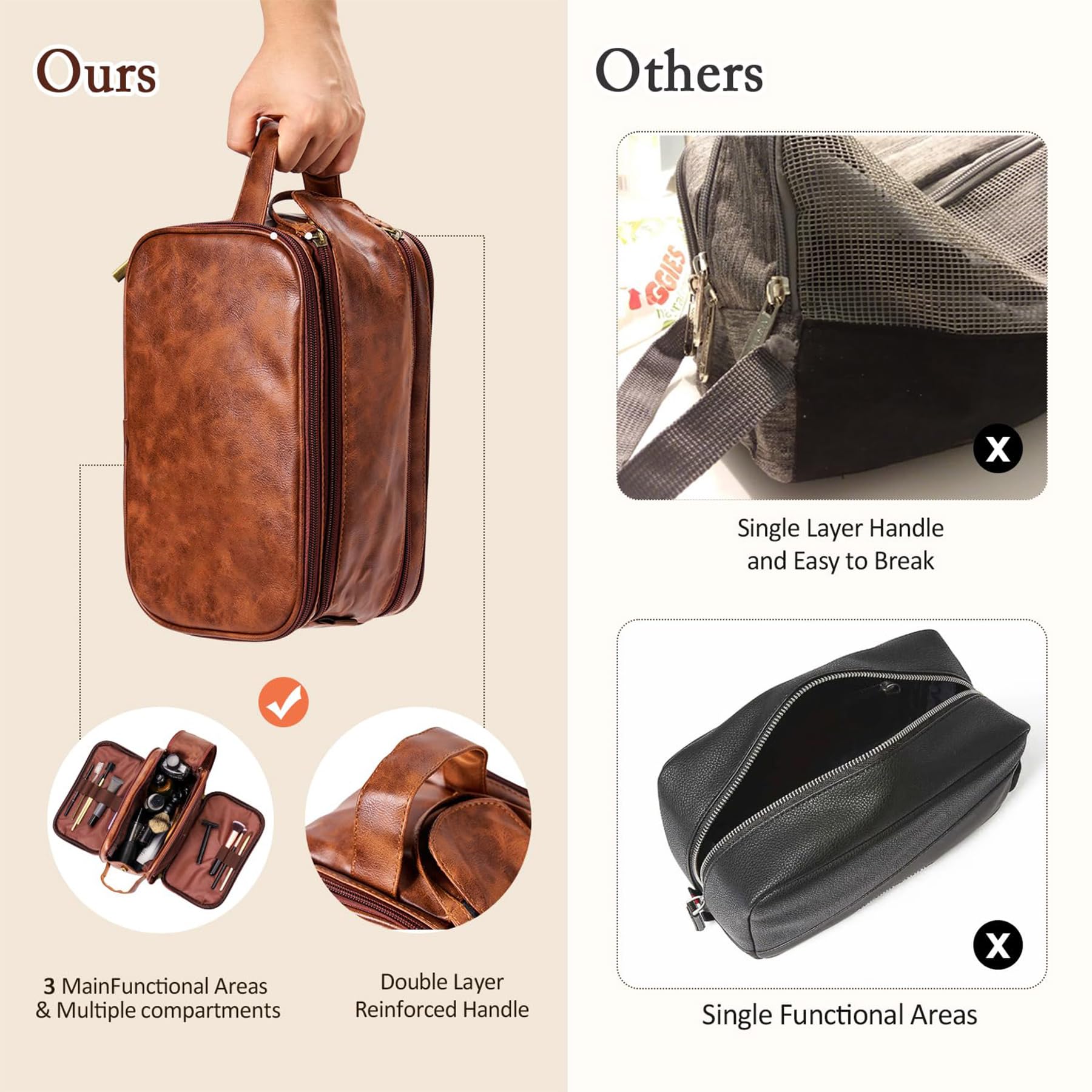Trousse de toilette de voyage pour homme, poignée double couche, trousse en cuir synthétique résistant à l'eau, fête des pères, Noël, Thanksgiving, garçons d'honneur, cadeau de mariage (marron