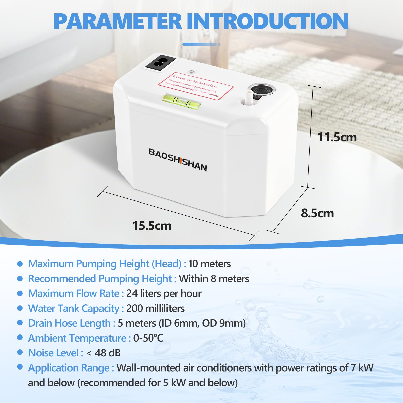 BAOSHISHAN Pompe à condensat 24L/H Système de relevage de condensat avec alarme de débordement, Pompe à condensat pour les systèmes de climatisation de puissance 8 kW