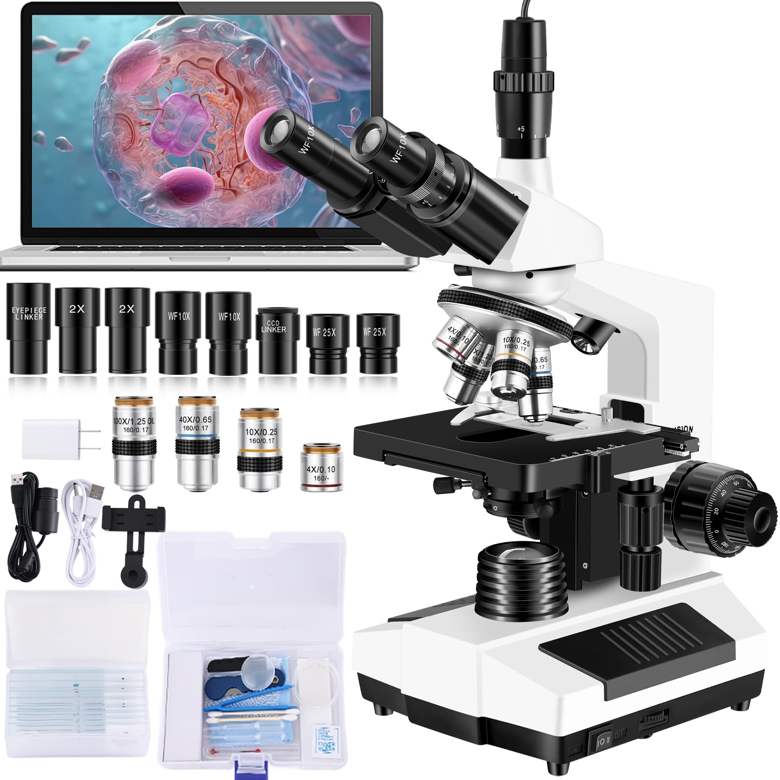 Photo 1 of Woehrsh Microscopes for Adults WF10x and WF25x eyepieces Compound Microscope with Microscope Slides, Microscopes Kit for Kids Students Home School (Monocular Microscope with Big Bundle)