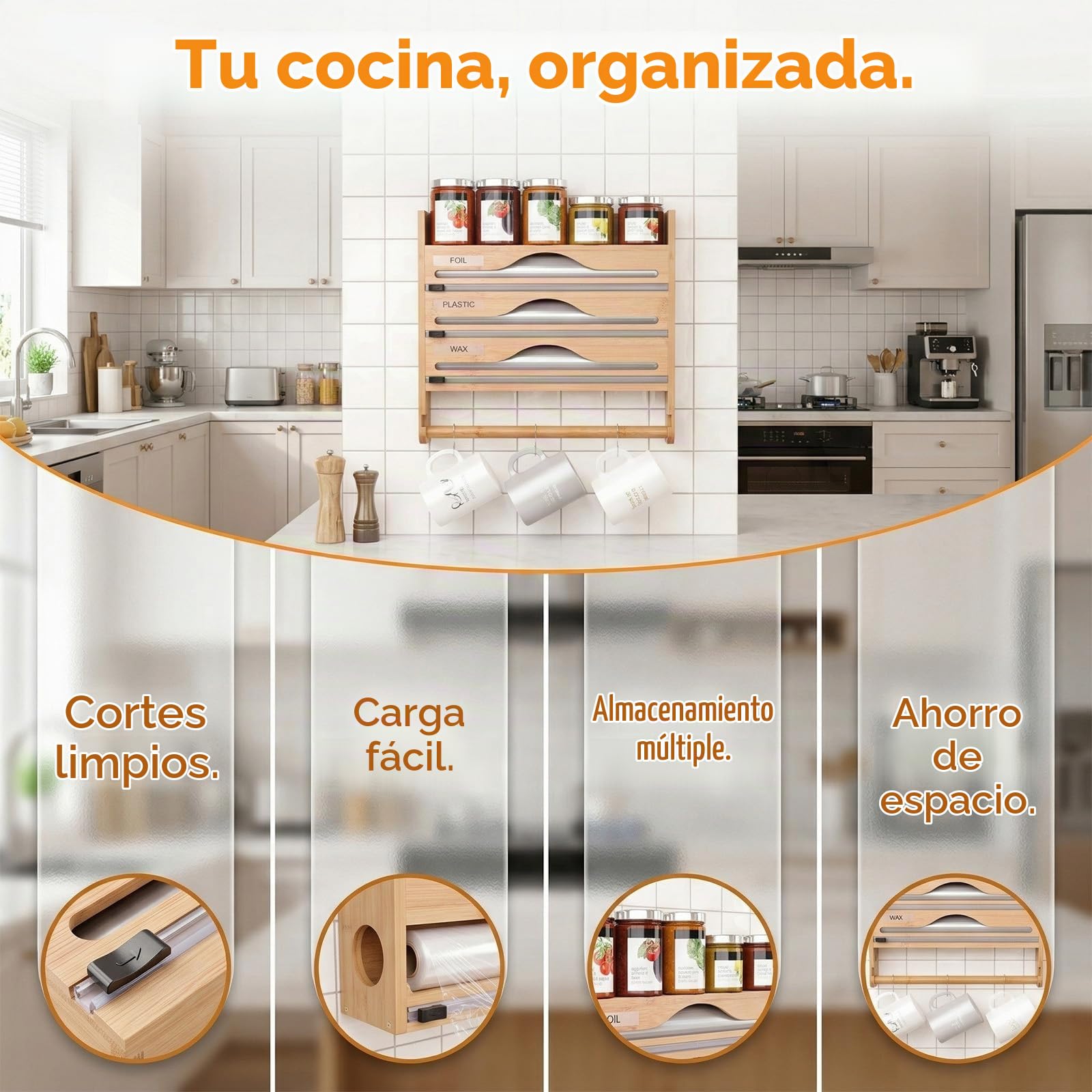 Dispensador Papel Aluminio y Film con Cortador, Portarrollos Cocina Pared 5 en 1 de Bambú, Organizador Film Transparente con Estante Especias