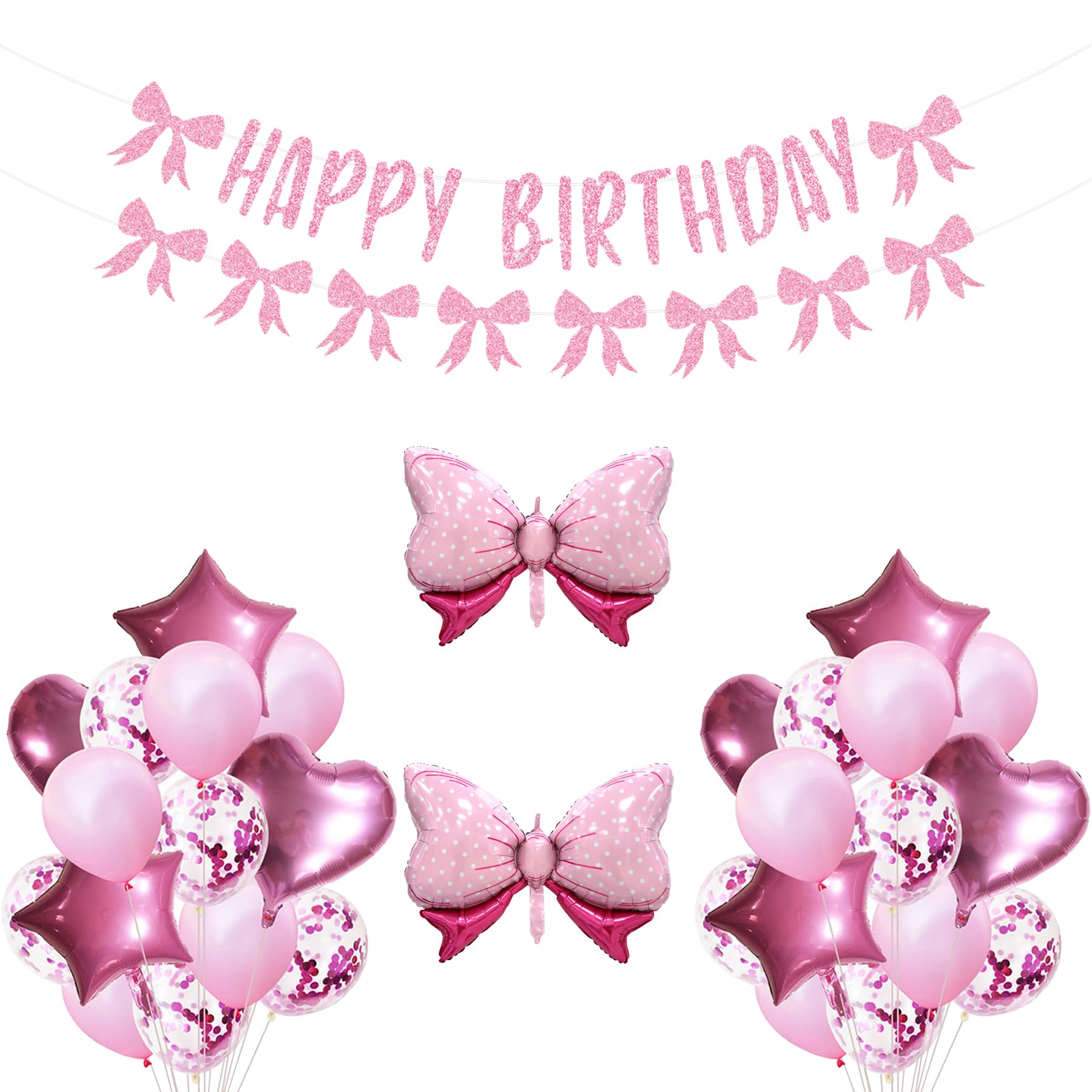 Wasise Bow Birthday Decorations - Coquette Birthday Decorations, Pink Birthday Decorations, Happy Birthday Banner Pink, Preppy Decor, Bow Happy Birthday Banners Decor Garland for Birthday Party Decor