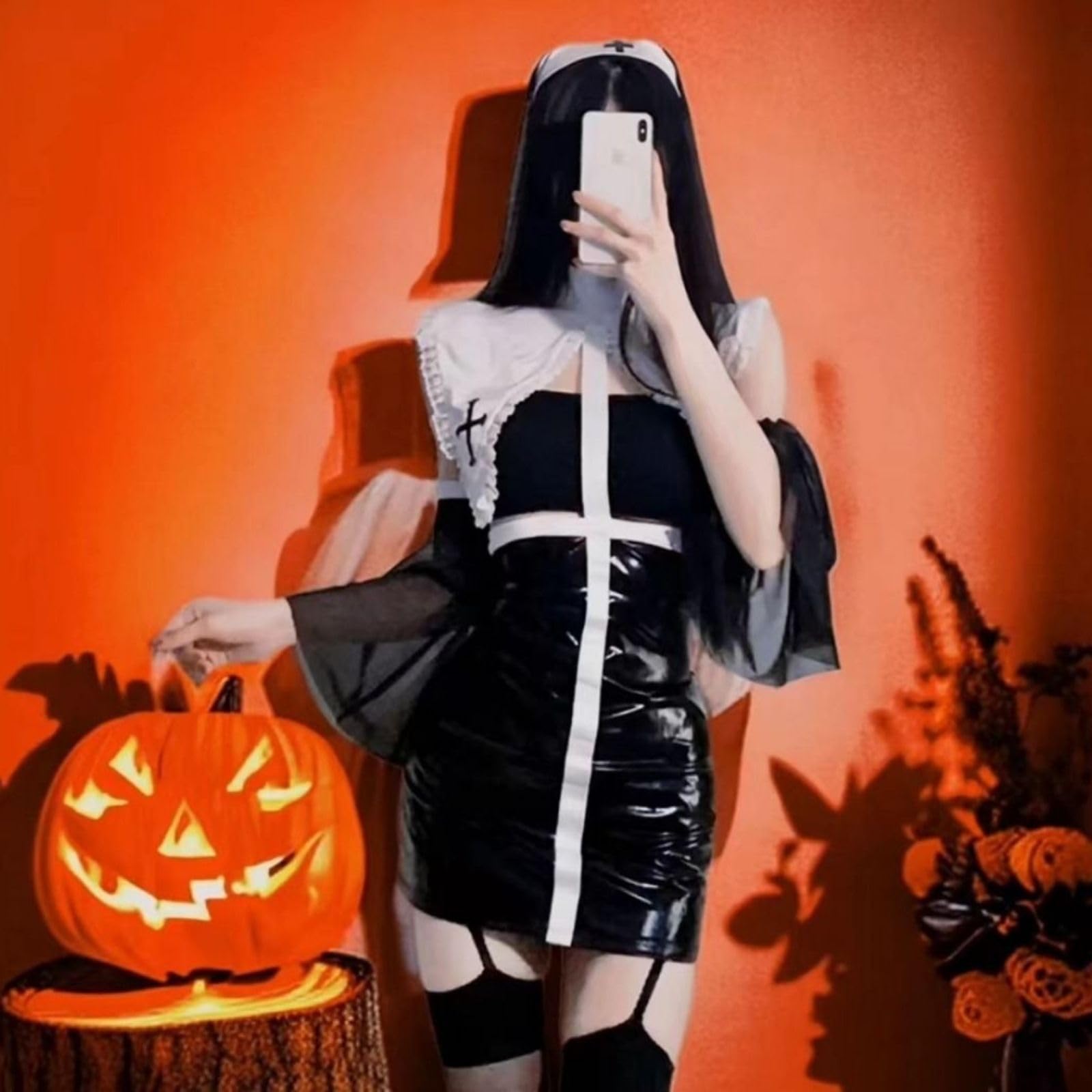 GXNRHG Seksowna zakonnica przebranie kostium przebranie na karnawał 3-częściowy przezroczysta siateczka komplet bielizny z nakryciem głowy na Halloween wysokie rozcięcie odgrywanie ról odzież klubowa