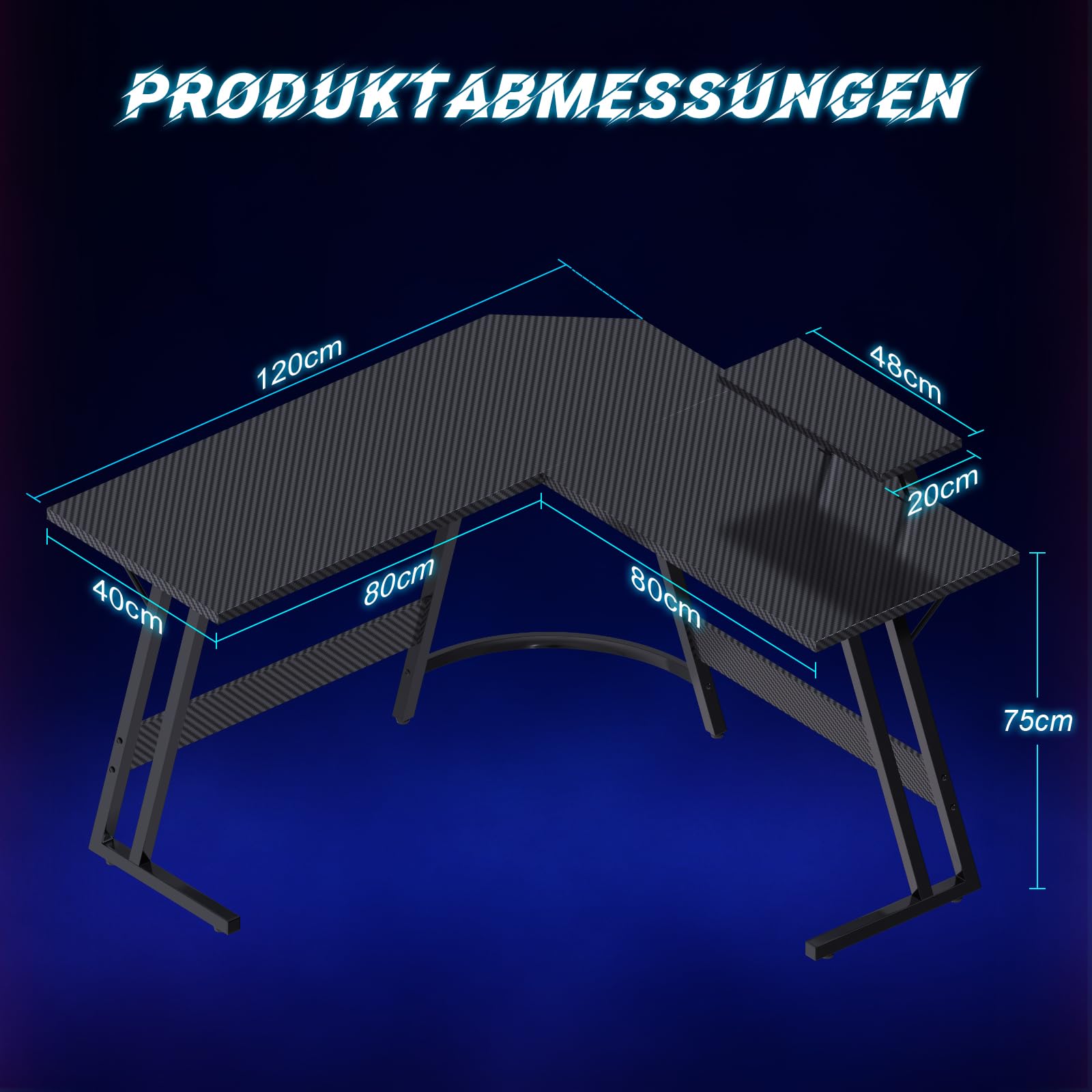 JUMMICO Gaming Tisch L Form 120x120cm, Eckschreibtisch für Gaming,Schreibtisch L Form Mit Monitorständer, Carbon Schwarz