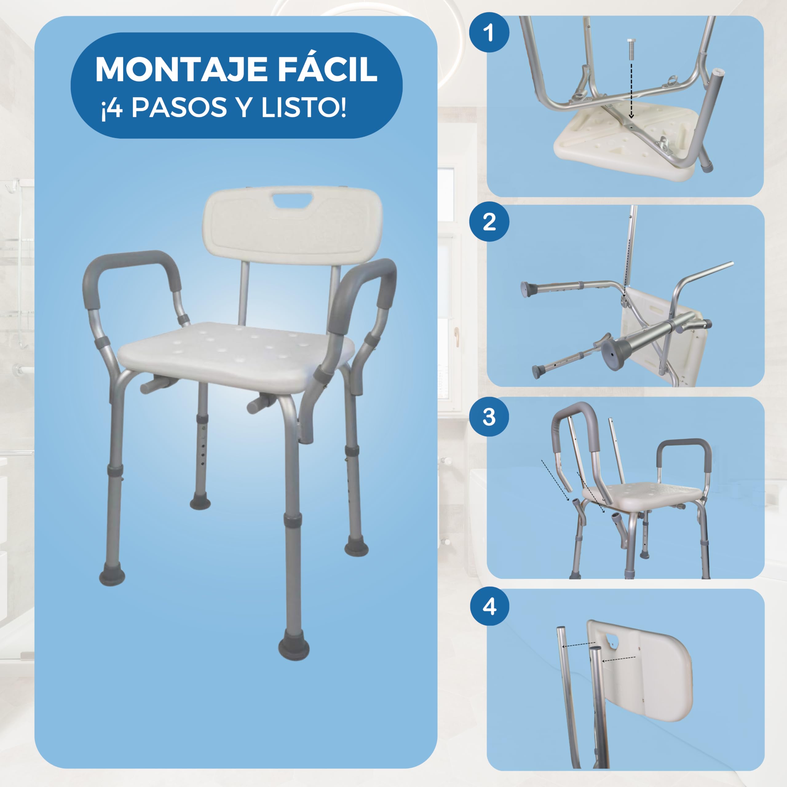 Mobiclinic, Silla de Ducha con Respaldo, Baño, para Adultos, Puerto, Marca española, Ortopédica, Antideslizante, Altura Regulable, Ayuda Ancianos y discapacitados, WC, Ergonómica