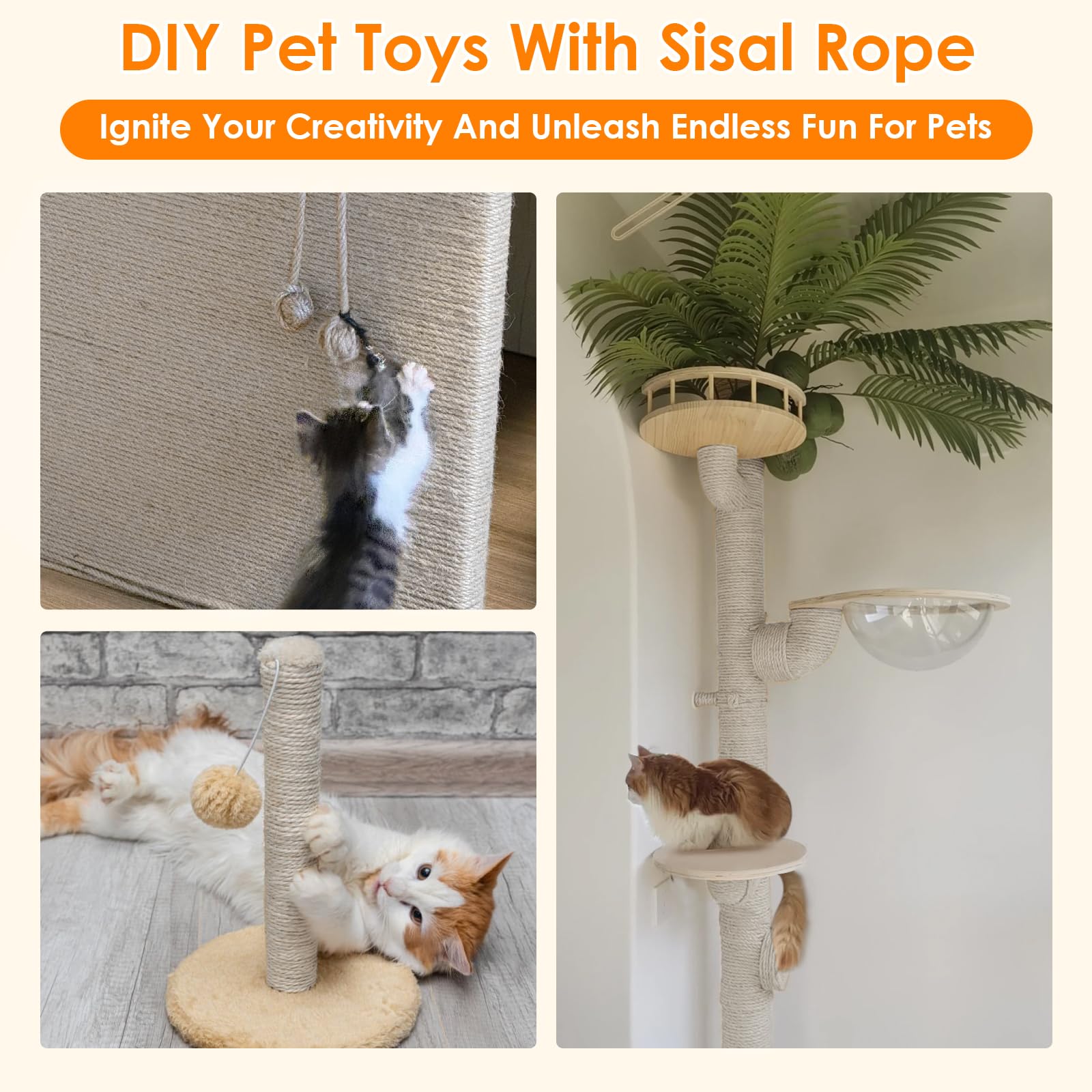 Cuerda de sisal para rascador de gatos, 164 pies/50 m, cuerda de yute natural de 6 mm de grosor para postes de rascar, cuerda de árbol de gato, cuerda de árbol de gato, reemplazo de poste de rascado,