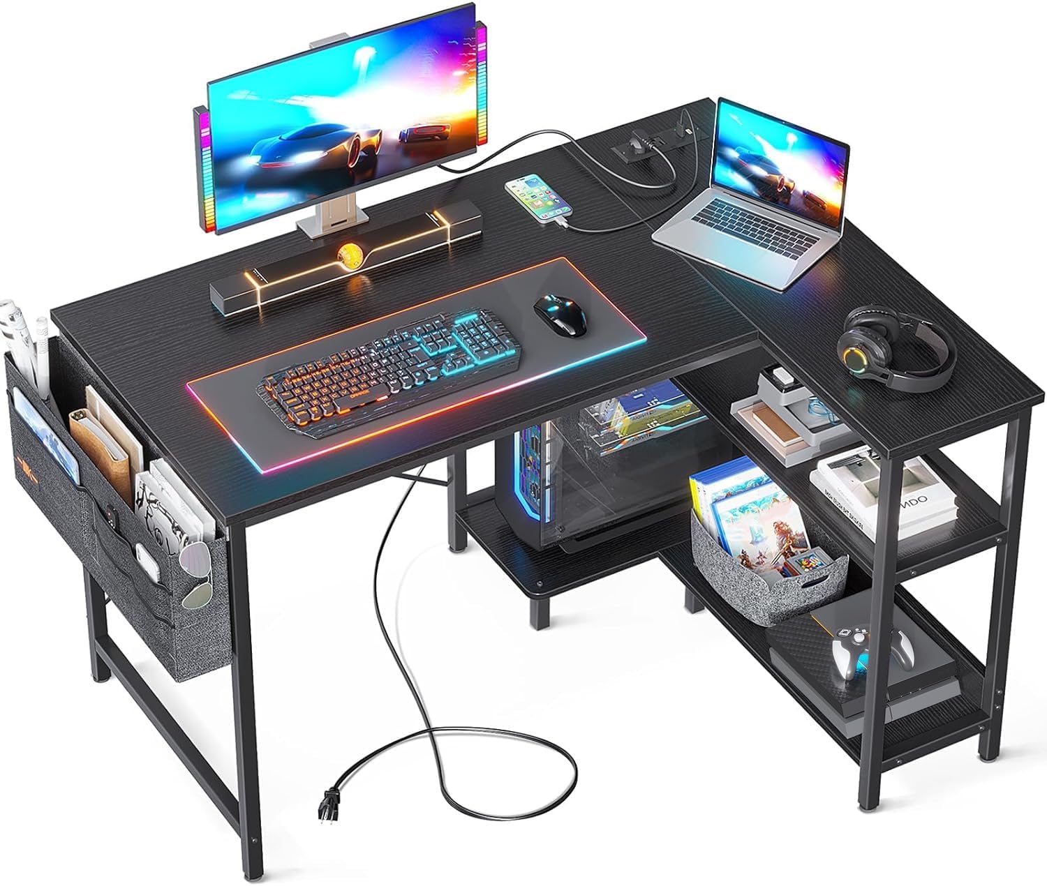ODK 40 Inch Small L Shaped Gaming Computer Desk with Power Outlets