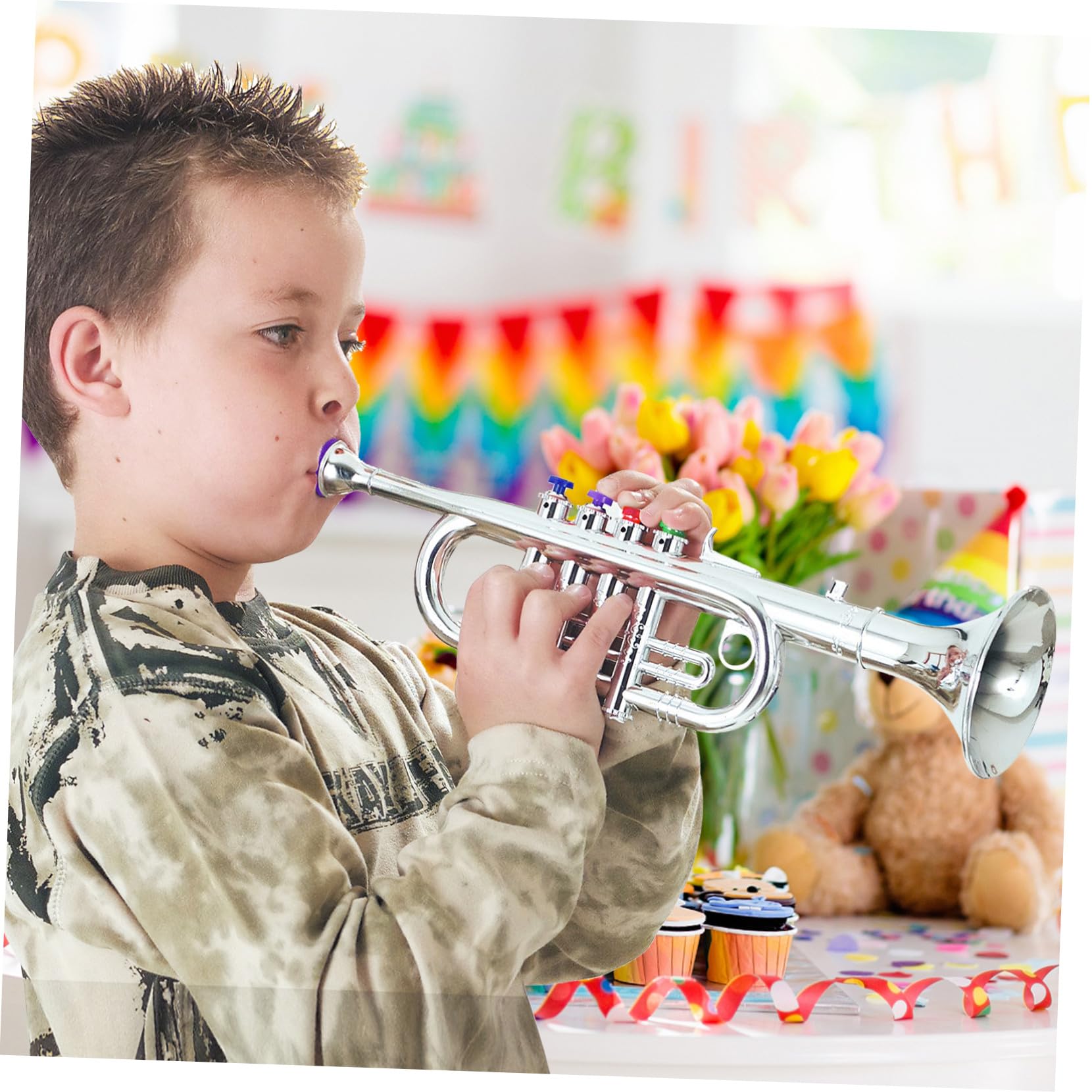 Tromba Cb998 Giocattolo Argento in Plastica per Bambini | Versione Base, Confezione Colorata, Strumento Simulato Educativo per Gioco e Feste