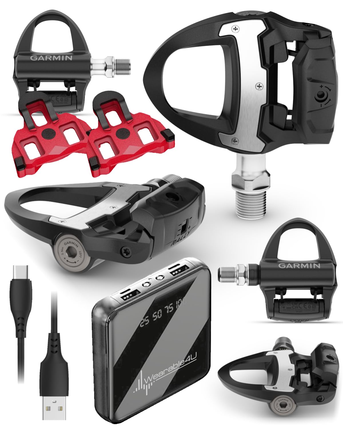 Garmin Rally RS110 Single-Sensing Power Meter Pedals for Road, Shimano SPD-SL Cleat Compatible, Rechargeable 90h Ride Time, Cycling Dynamics Metrics w/ Wearable4U PowerBank Bundle