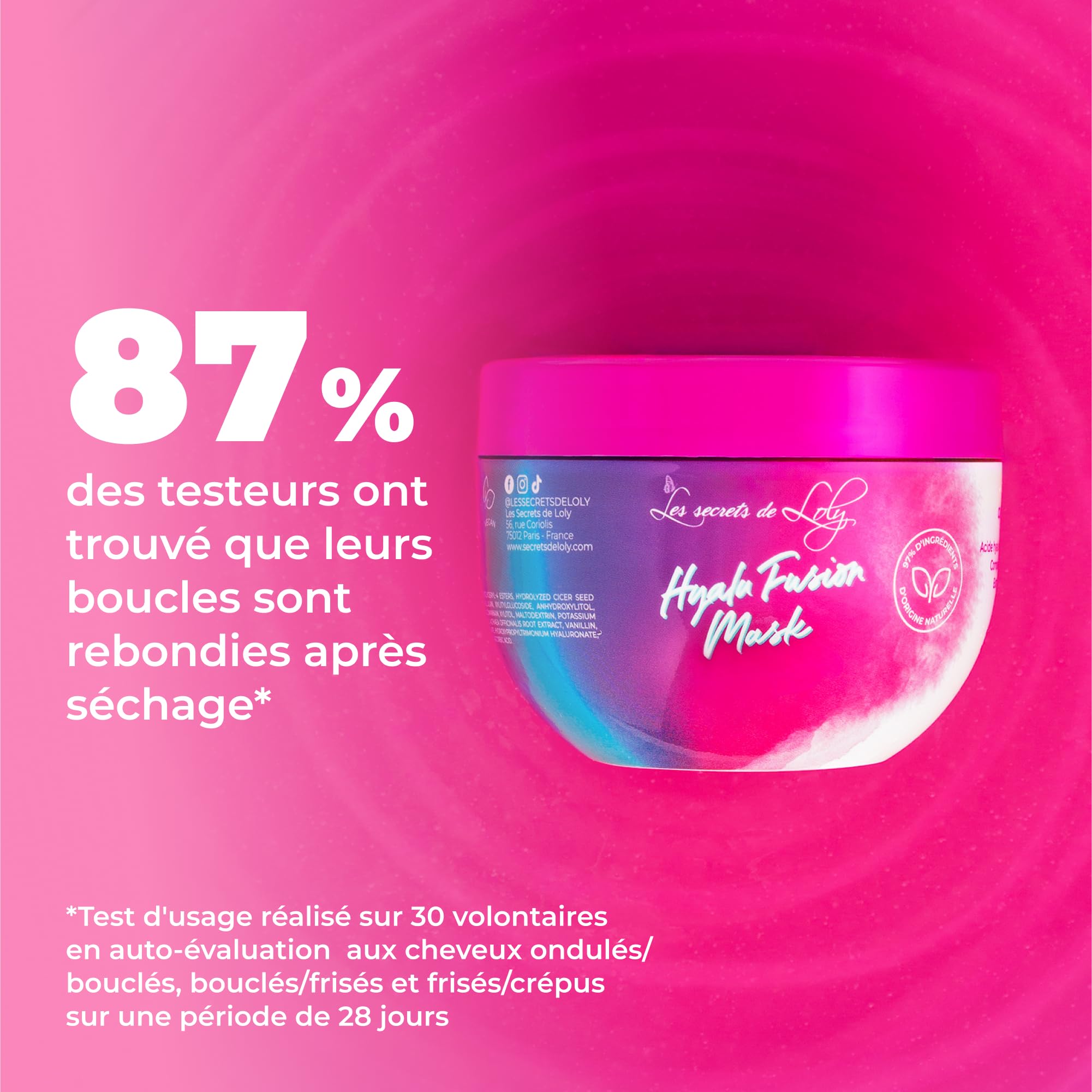 Les Secrets de Loly – Hyalu Fusion Mask – Masque activateur de boucles Hydratation intense – Cheveux multi-texturés ondulés, bouclés, frisés, crépus – Curl Bounce Complex + acide hyaluronique – 300 ml