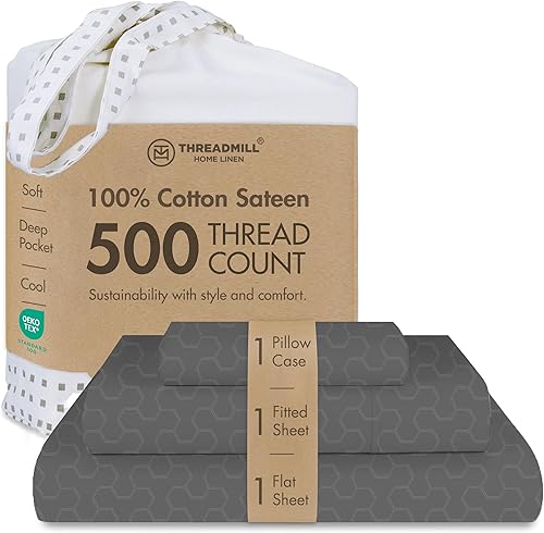 Threadmill Juego de sábanas de algodón de lujo de 500 hilos, tamaño individual XL, 3 piezas, jacquard Floria gris oscuro, sábanas transpirables con