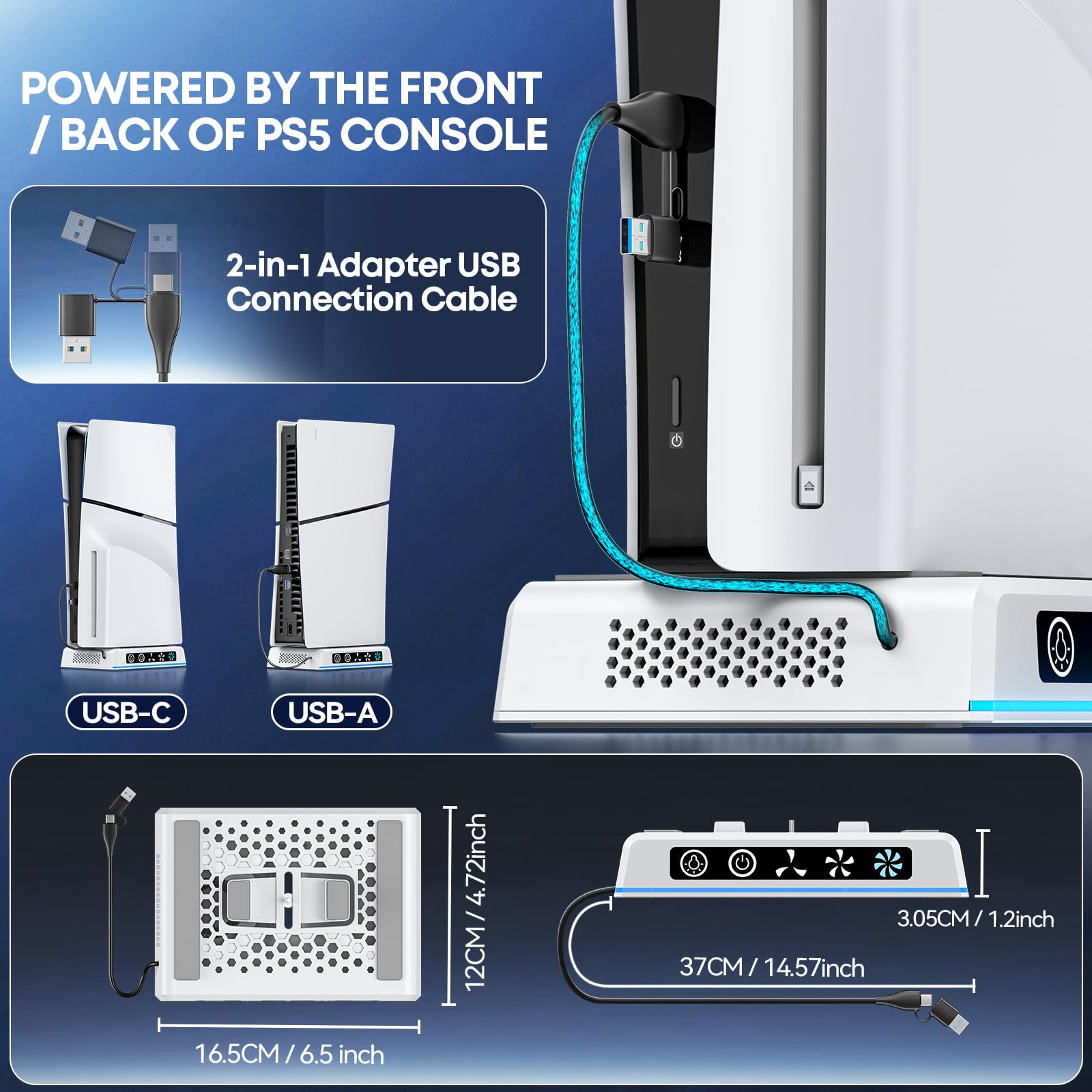 Support de Refroidissement PS5 avec Lumière Ambiente, Ventilateur à Vitesse Réglable 3 Niveaux Compatible avec PS5 Original/ PS5 Slim/ PS5 Pro (Disc & Digital), Câble USB-C/USB-A Inclus