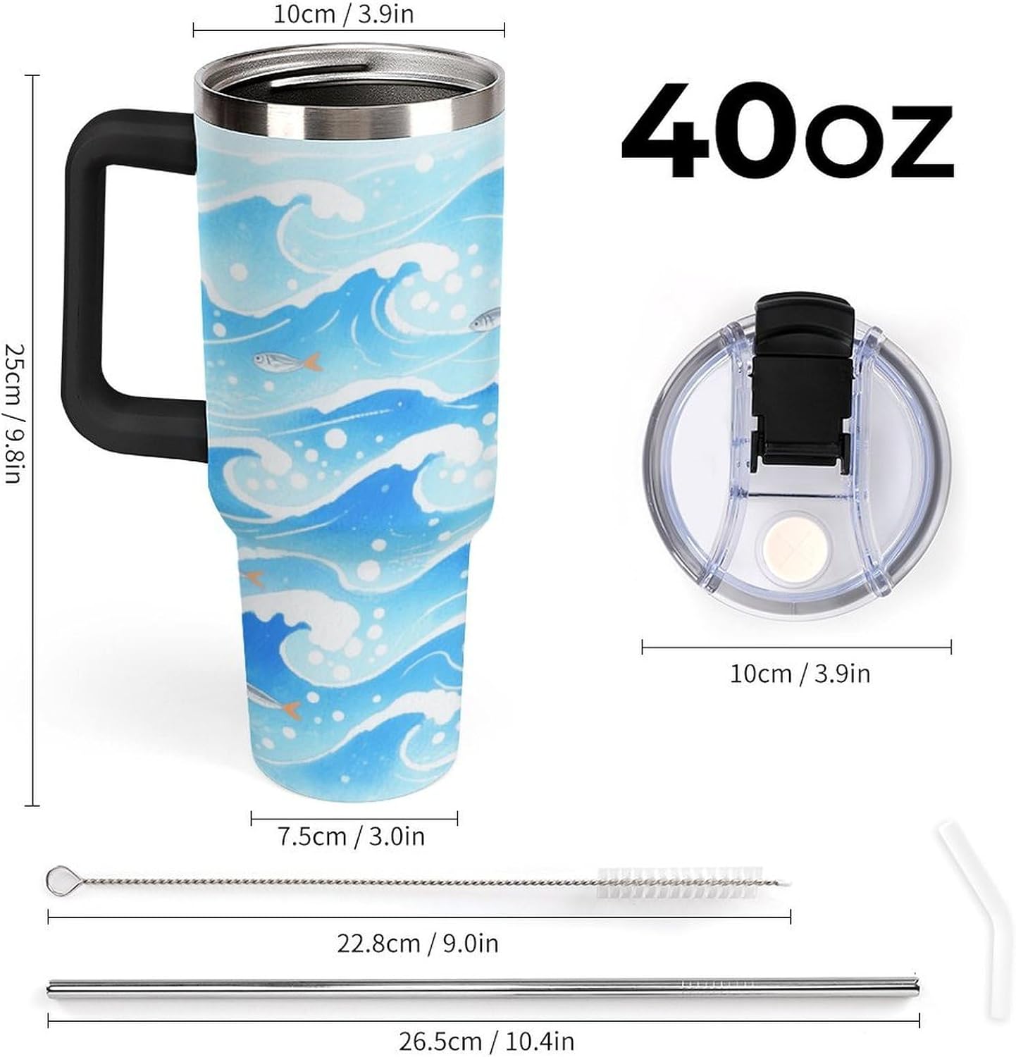 40 Oz Insulated Mug with Handle Lid And Straw Ocean Ripples Pattern Large Metal Sports Bottle Great for Gifts Parties Office Coffee