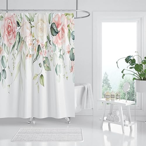 Hipposama Cortina de ducha floral, juego de cortinas de ducha con flores de acuarela y flores silvestres coloridas para baño, tela impermeable con