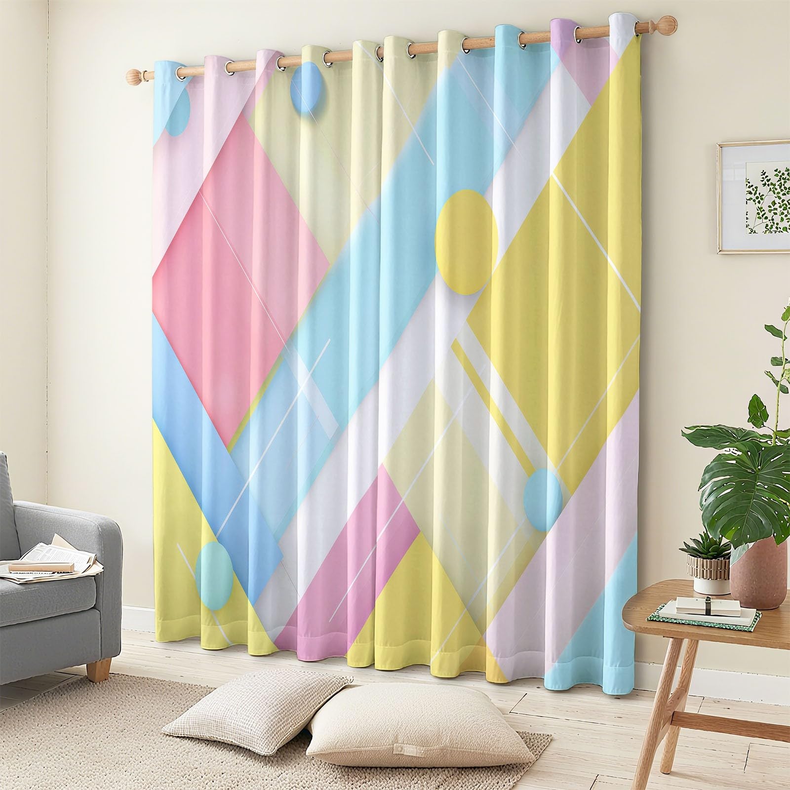 3D Minimalistisch Geometrischer Farblock Gardinen Blickdichte Energiespar Thermo Vorhänge mit Ösen Weich Schiebevorhänge Wohnzimmer Verdunklungsvorhänge 2er Set Macaron-Farbe/Pastell-Macaron