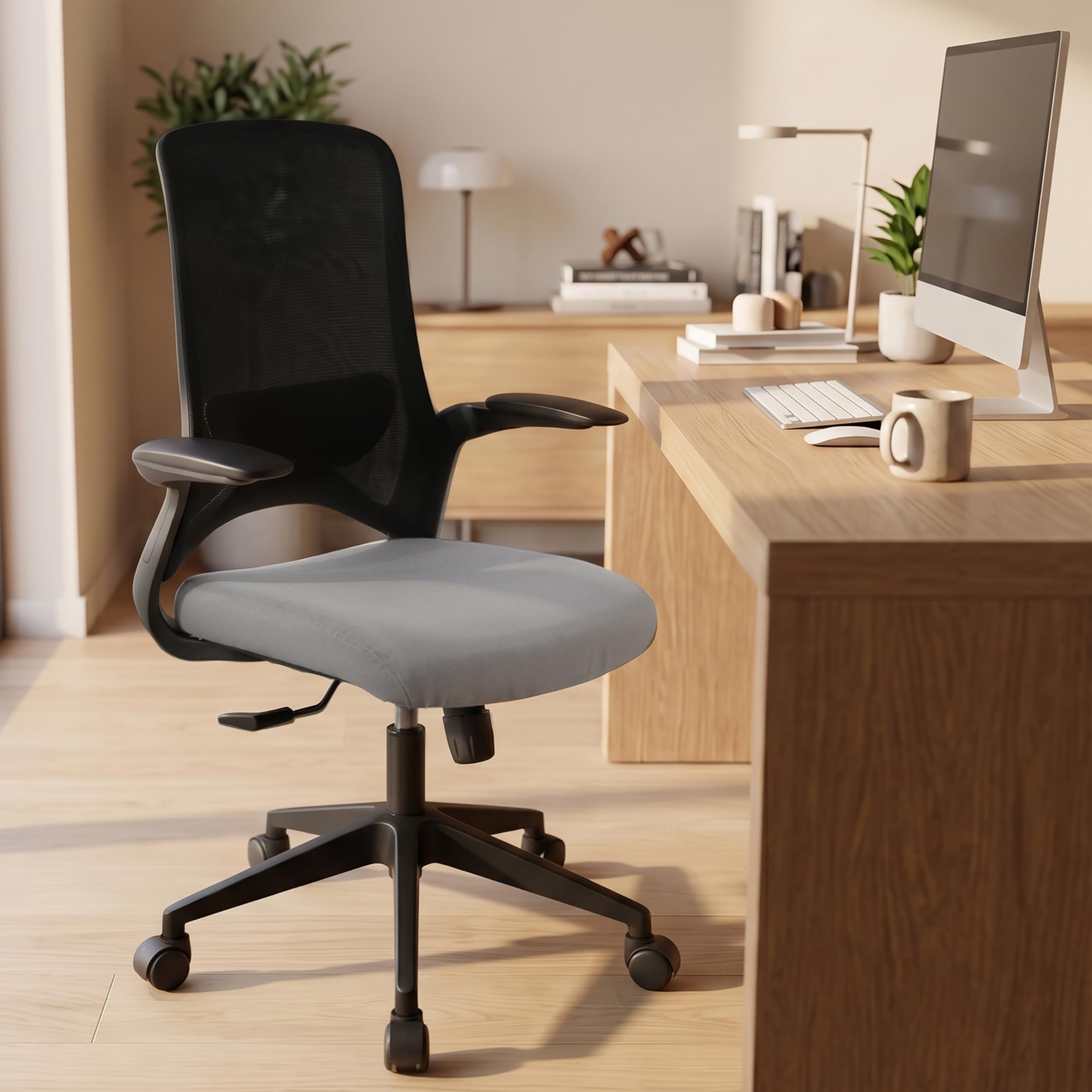 Wakefit Maven Ergonomic Office Chair for Work | 1 Year Warranty | Single Lock and Recline | Soft Foldable Armrest | Strong Nylon Base | 8+ Hours of Comfort | Black & Grey