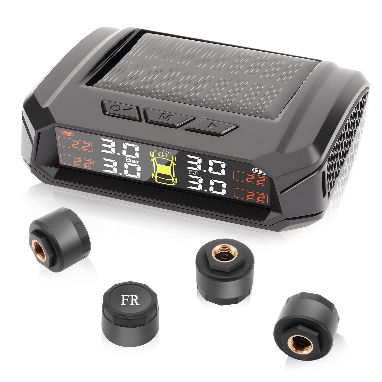 KAOLALI Sistema di controllo della pressione degli pneumatici, TPMS senza fili, 4 ruote, 3,5 bar/50 PSI Max, ricarica solare e magnetica, per camion, roulotte, autobus