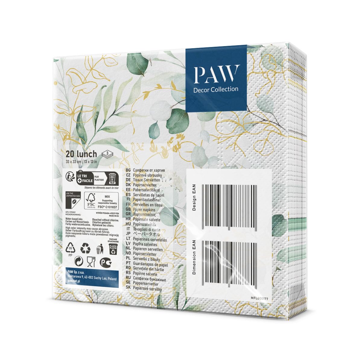 PAW - Servilletas Papel 3 Capas (33 x 33 cm) I 20 Unidades I Perfecto para Cumpleaños, Fiestas, Bodas, Comuniones y Celebraciones I Decoración de Mesa Elegantes I Eucalipto Dorado - 2