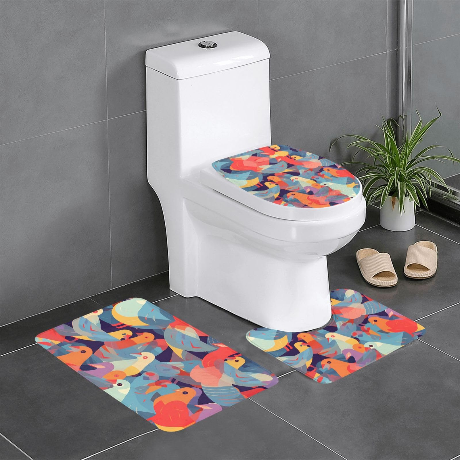Tapis de salle de bain pigeons colorés lot de 3 antidérapants 61x40cm
