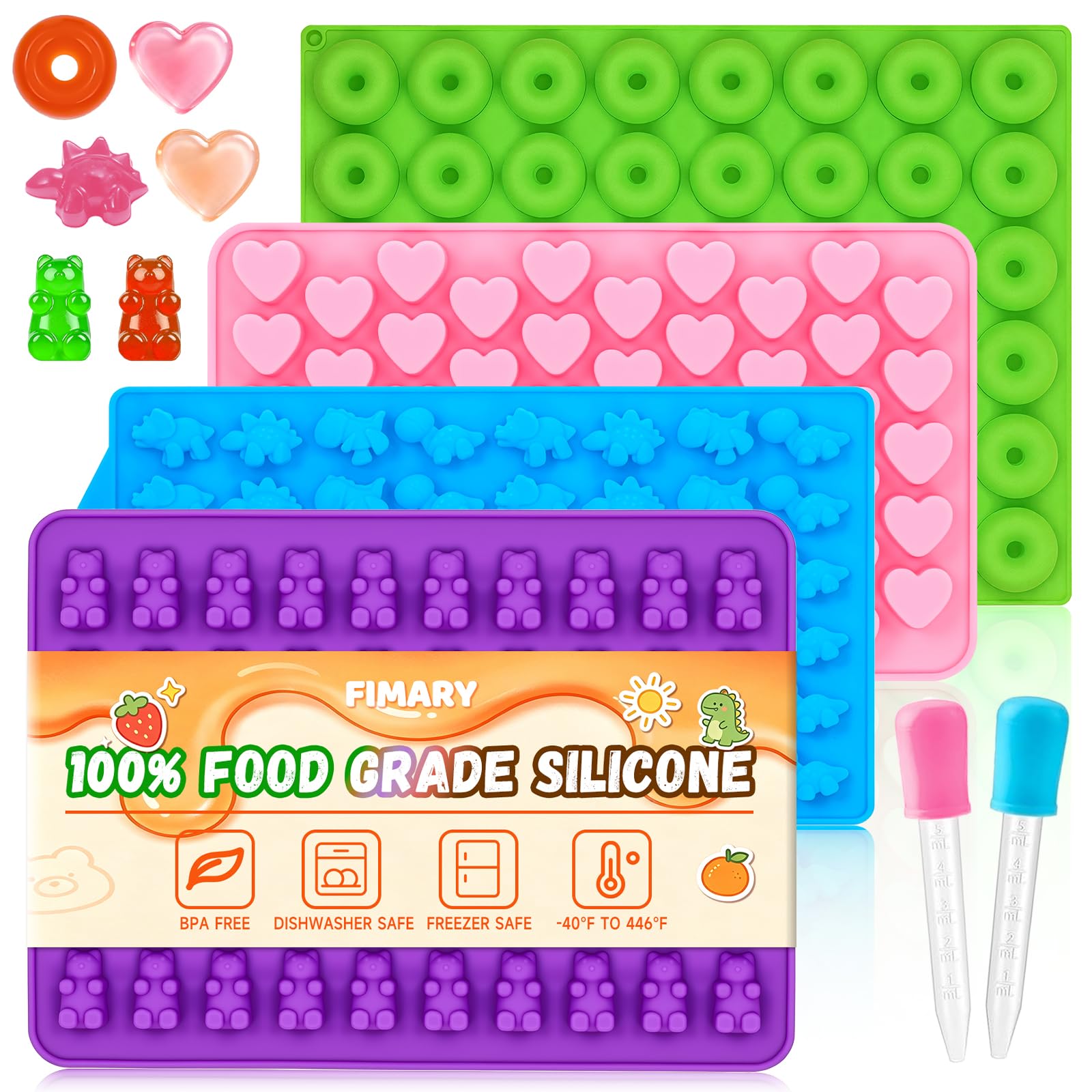 Gummy Bear Molds Silicone Mini Size, Non-stick Chocolate Candy Gummy Mold with 2 Droppers Including Dinosaur, Bear, Hearts and Donut Shape 201 Cavities