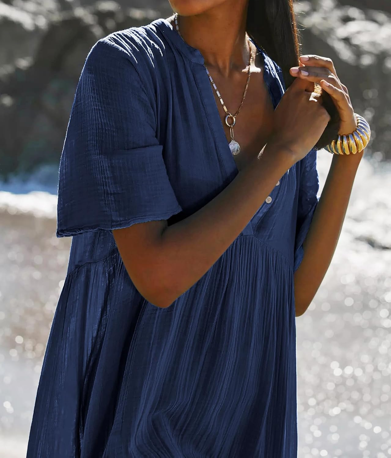 R.Vivimos Womens Summer Cotton Flowy Maxi Dress Short Sleeve V Neck Empire Waist Boho Tiered Ruffle Casual Loose Long Dresses - Image 3