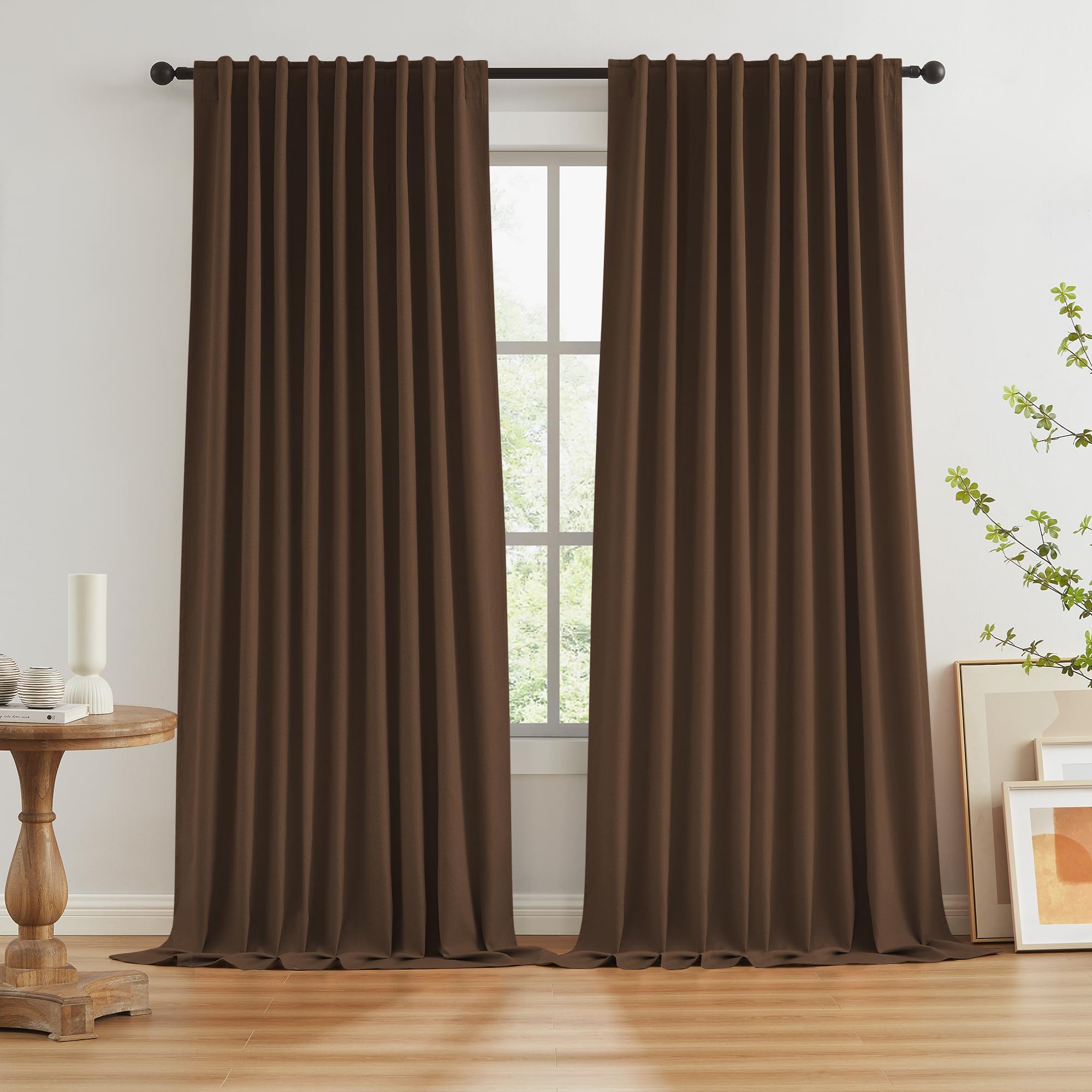 Brown Blackout Pleated Look Curtains 102 Inches Long 8.5 ft Length for Patio Sliding Door Living Room, 100% Light Blocking Linen Textured Curtains 72 Wide 2 PCs Back Tab Rod Pocket Hook Belt — image 1