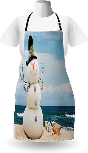 Miniatura 2 de Ambesonne Delantal de muñeco de nieve, vacaciones de invierno, figura temática de conchas marinas sentadas en la costa de la playa de arena, babero