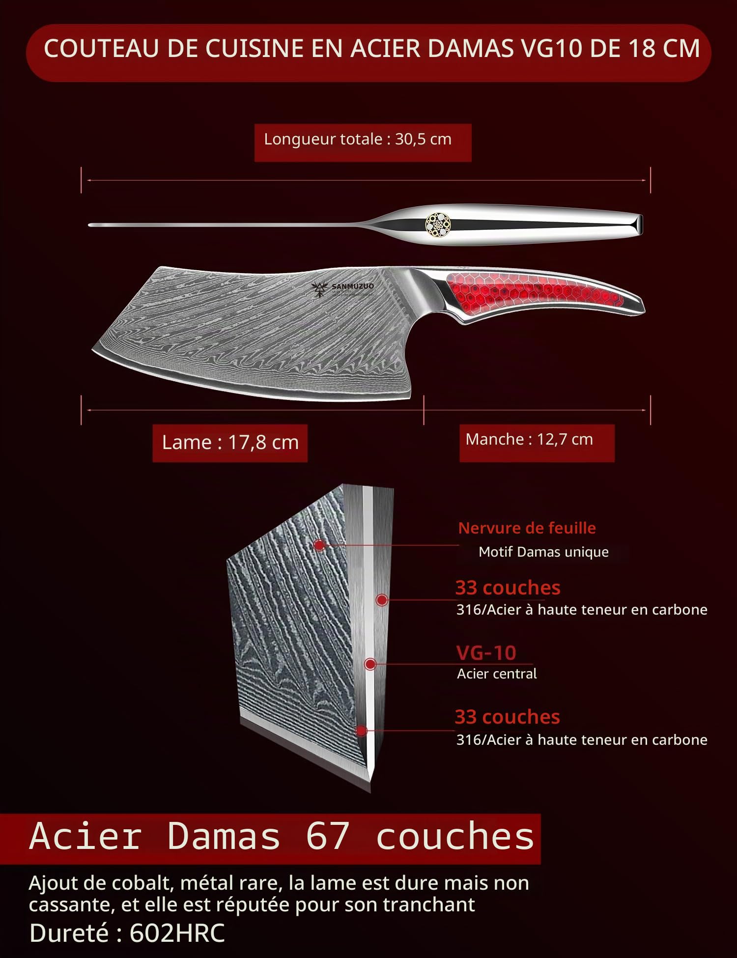 Couteau Nakiri 18 CM, Couperet à viande en acier Damas japonais VG-10, Couteau à légumes ultra tranchant avec manche pleine soie en résine Rouge, série LA-S9