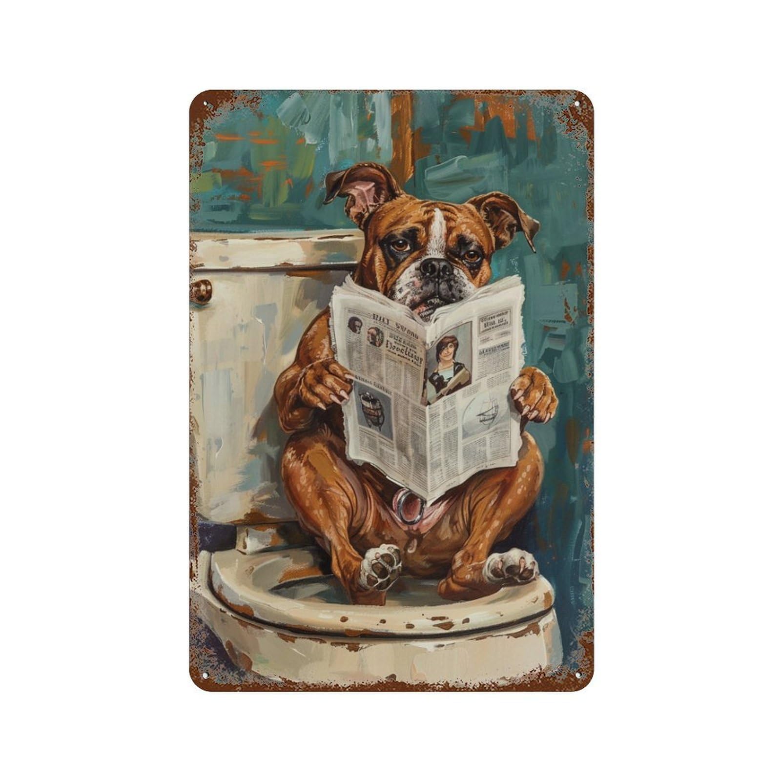 Dog Reading Newspaper on Toilet-4 11.8"x7.9" Decorative Tin Sign, Retro Wall Decor for Bistro, Counter And Cafe Decor