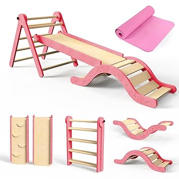 Pikler Triangle Set 7in1 Toddler Climbing Toys Indoor Foldable Baby Climbing Toys Wooden Montessori Climbing Set with Arch, Ramp, Ladder for 1-3 Years, Jungle Gym for Kids (Pink)