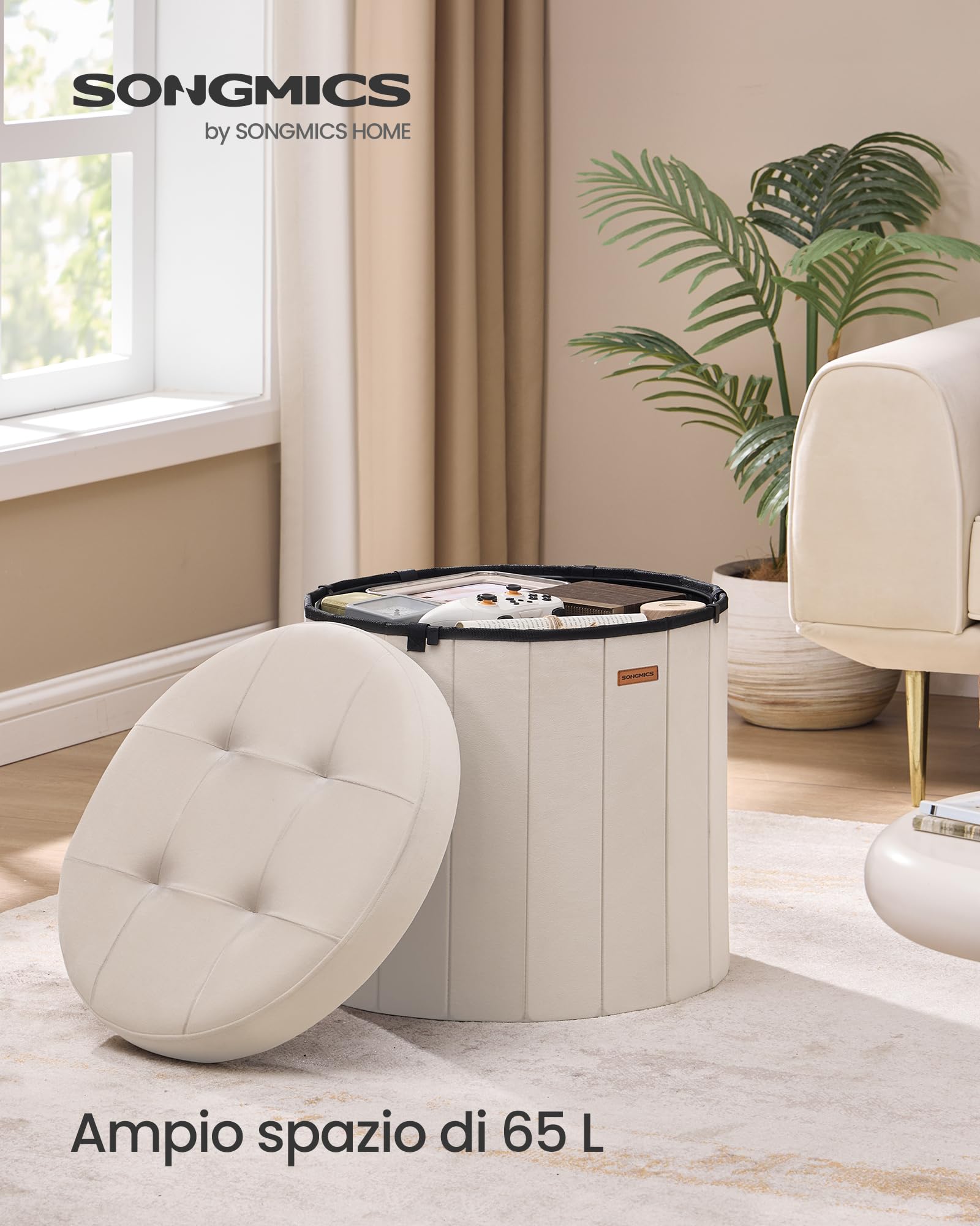 SONGMICS MAZIE Collezione - Pouf Contenitore Rotondo, Sgabello Poggiapiedi Pieghevole con Coperchio, Cassapanca, Montaggio Facile, Velluto per Camera, Soggiorno, Ingresso, Beige Cappuccino LSF608L01