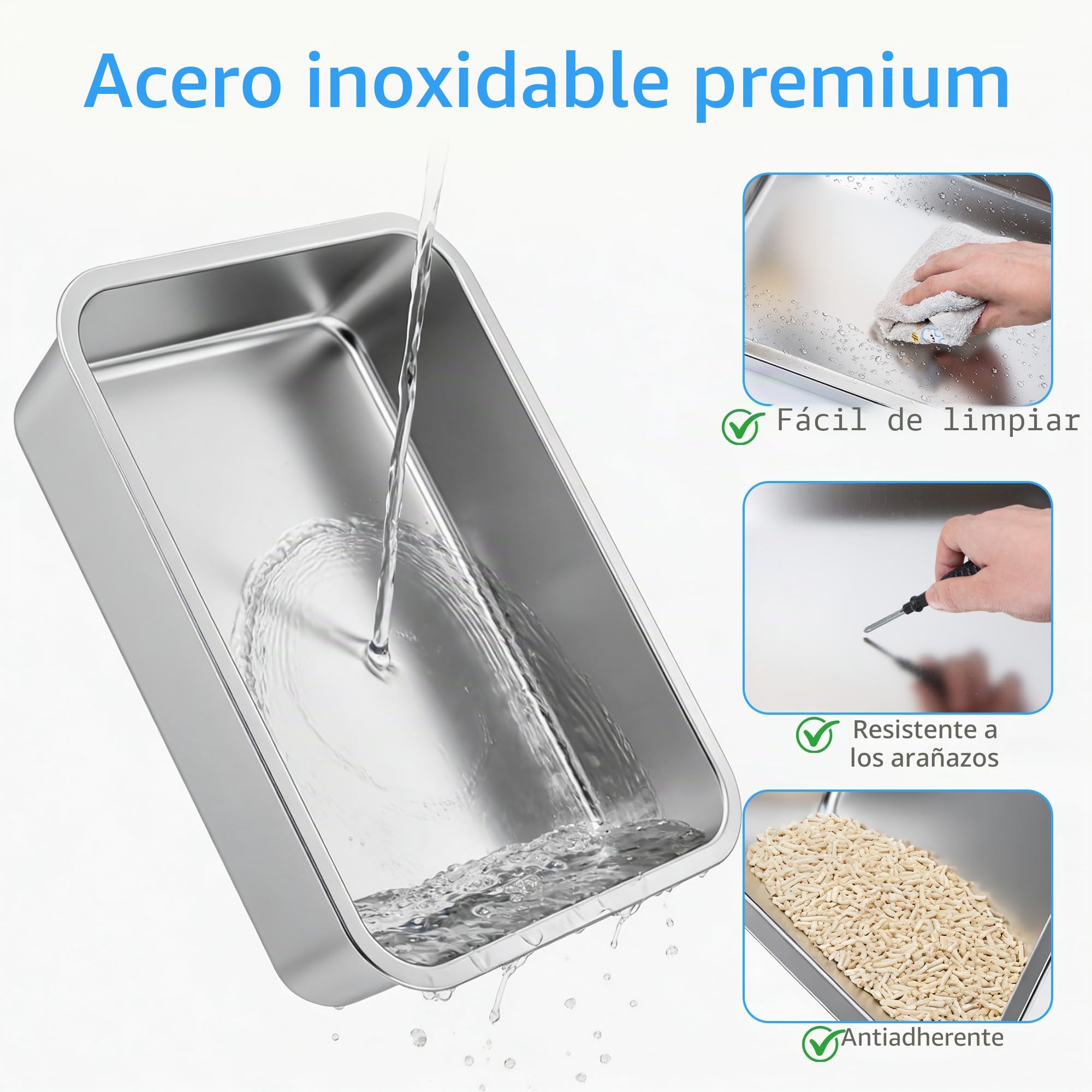 Inodoro para Gatos de Acero Inoxidable, Arenero Gato Acero Inoxidable, Caja de Arena para Gatos, Gatitos y Conejos, Arenero Alto, Fácil de Limpiar, 50 cm x 35 cm 15 cm