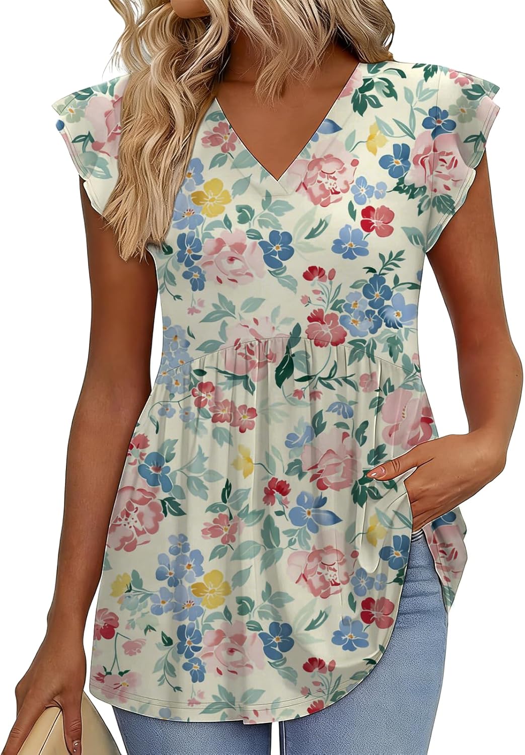 Womens Blouses Loose Fit Dressy Casual V Neck Cap Sleeve Tops for Women