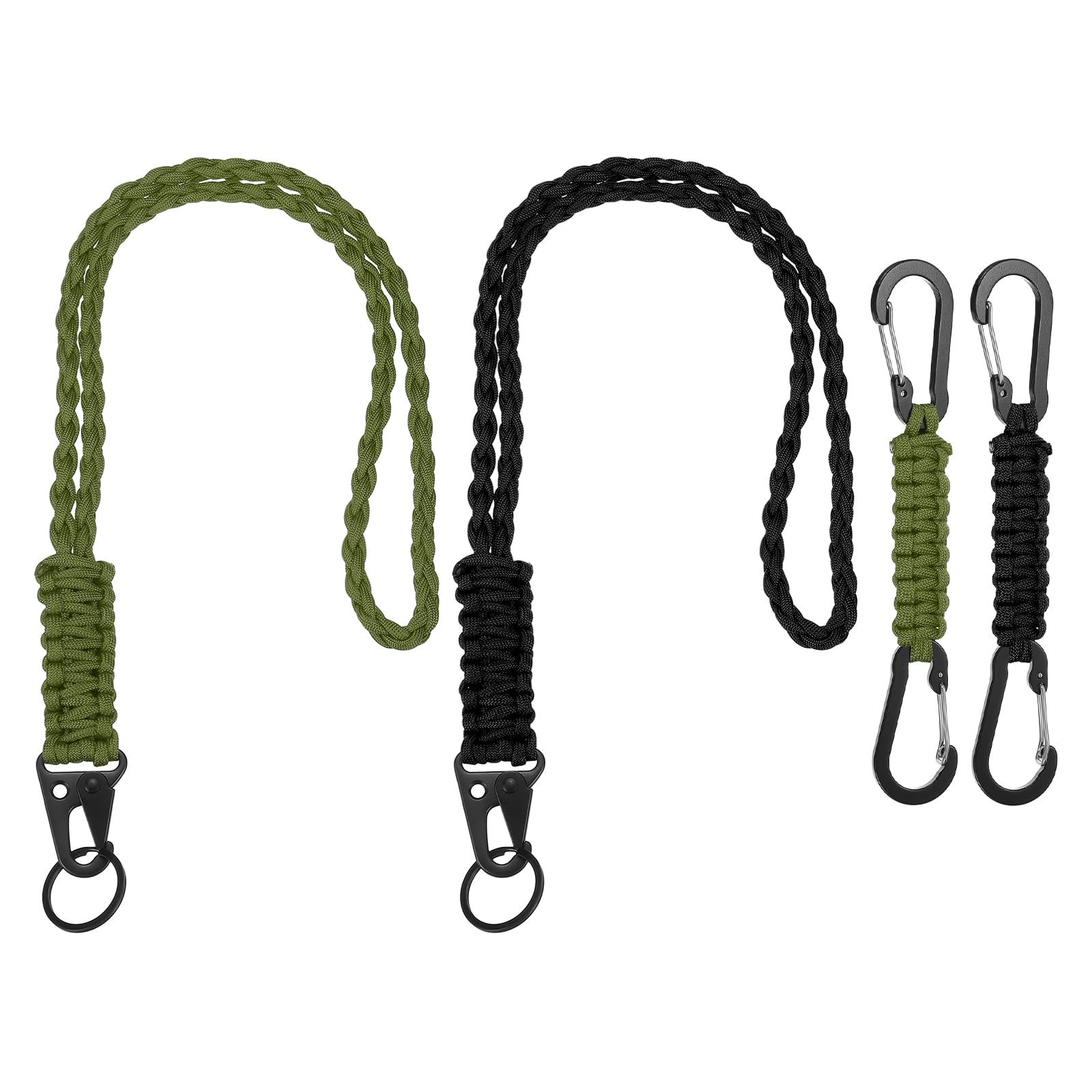 YELARXI Paracord Keychain Carabiners Clip, D Ring Lanyard Hanger Hook 4Pcs & Black/Army Green - Fitting for (Outdoor Activity Survival/Keys Whistle/Key, Backpacks/Water Bottle)