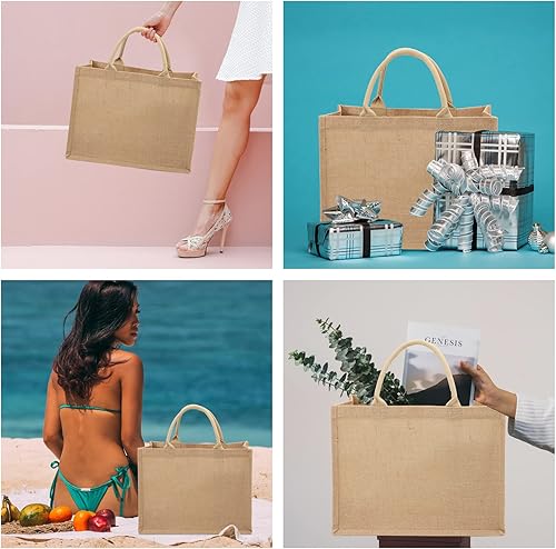 Miniatura 6 de Segarty Bolsas de mano, paquete de 12 bolsas grandes de arpillera reutilizables de lona de yute para regalos con asas, bolsa en blanco a granel para