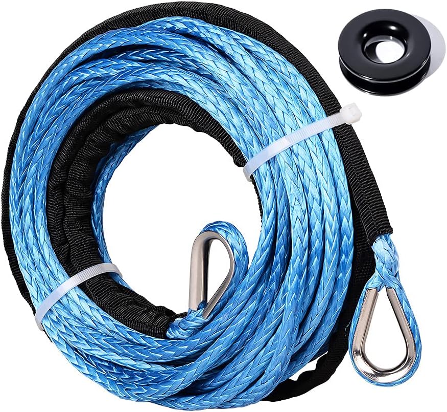 1X 1/4" 50' UHMWMPE Synthetic Winch Rope Extension 7500lbs Blue and 1X Black Recovery Ring 41000lbs Fit SUV ATV UTV Tow Truck Off-Road