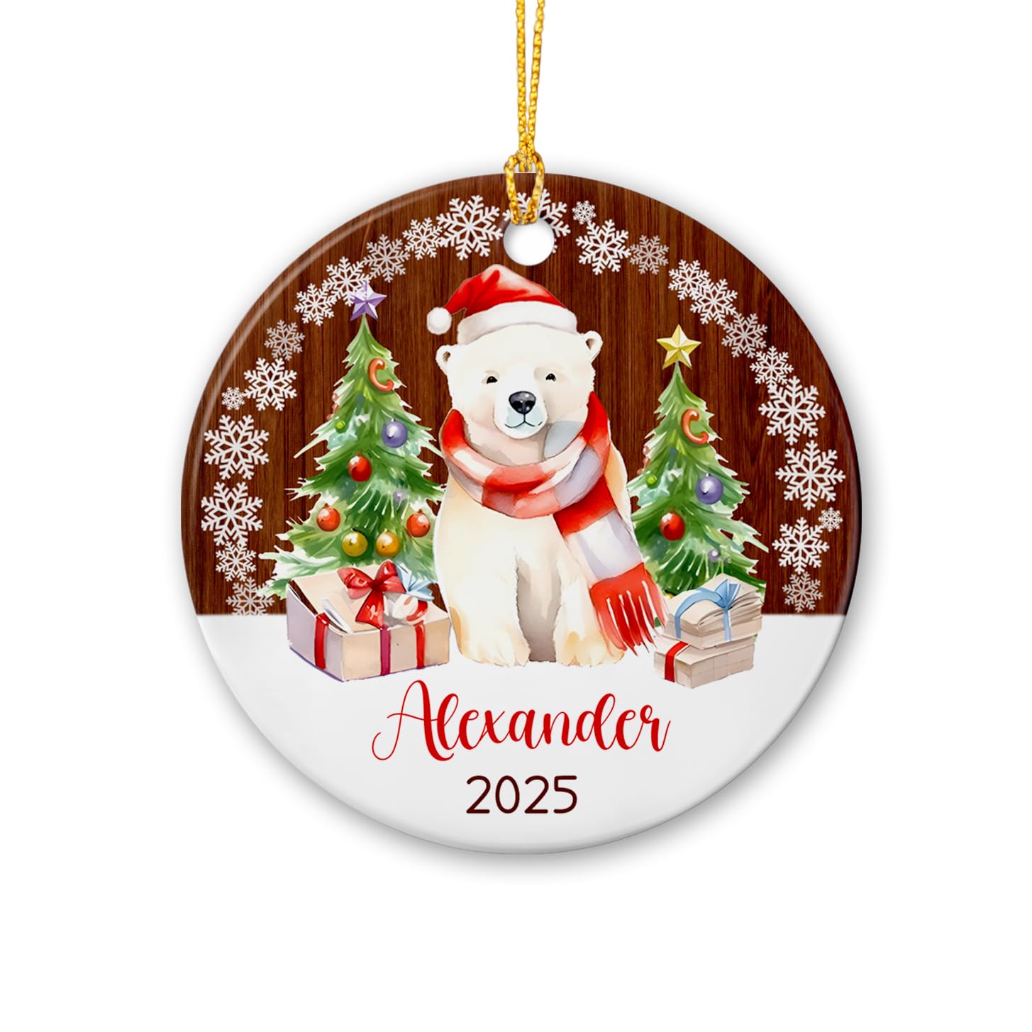 Polar Bear Christmas Ornaments Ceramic, Personalized Polar Bear Christmas Trees Ornament Wooden Style, Custom Name Polar Bear Ornament Gift for Xmas 2025, Polar Bear Animal Ornament Christmas