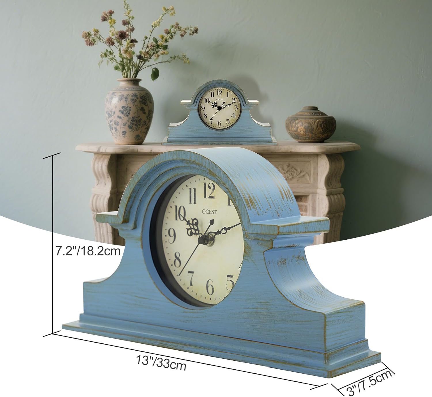 OCEST Vintage Farmhouse Mantel Clock - 13 x 7 Inch Quartz Gilt Finish Battery Operated, Plastic Napoleon Classic Desk & Shelf Décor for Living Room Office Tabletop Bedroom (Azure Blue)