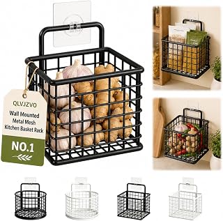 Wall Mounted Metal Mesh Kitchen Basket Rack, Hanging Wire Fruit Storage Basket No Drilling Kitchen Counter Easy to Clean Space Saving, Shelves Storage Box for Garlic Garlic Container(Black#B)