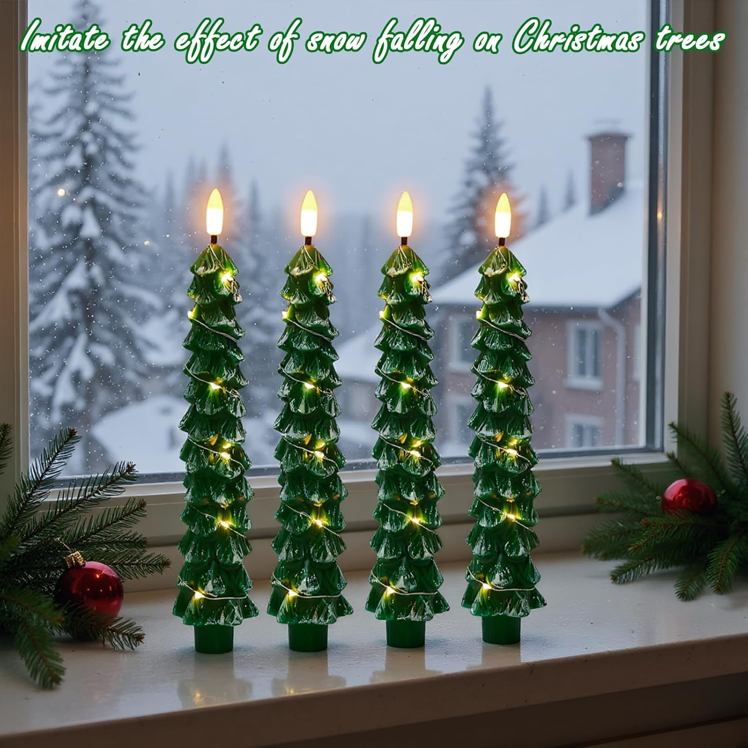 GenSwin Flameless Christmas Tree Candles with Remote Timer, Real Wax Christmas Tree Flameless Taper Candles Battery Operated with String Lights, Set of 4 LED Tree Candlesticks for Home Winter Decor - Image 7