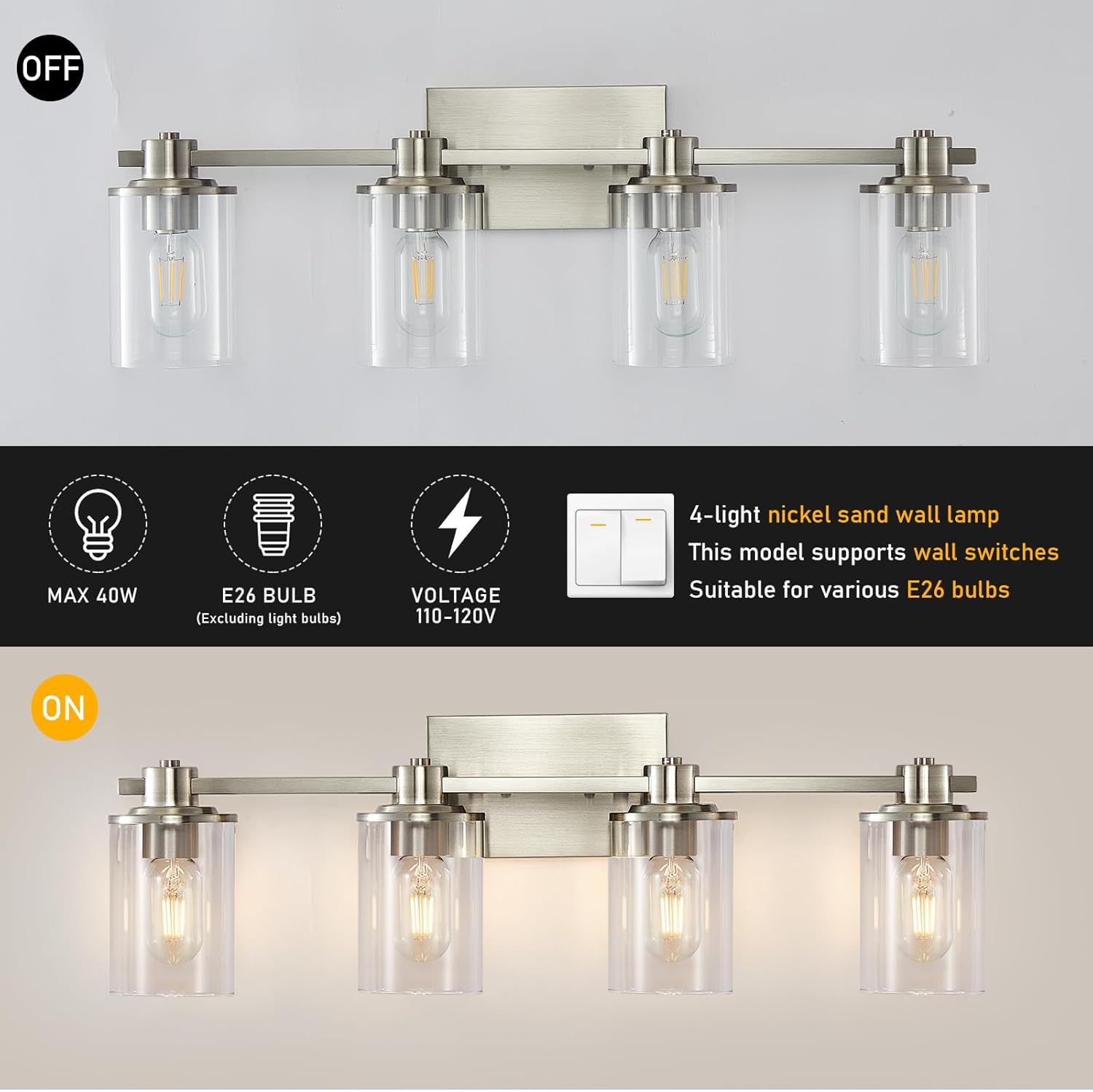 DUJAHMLAND 4 Light Bathroom Vanity Light, Brushed Nickel Bathroom Light Fixtures Over Mirror, Vanity Lights with Clear Glass Shade, Bathroom Light Indoor Decorative and Renovation