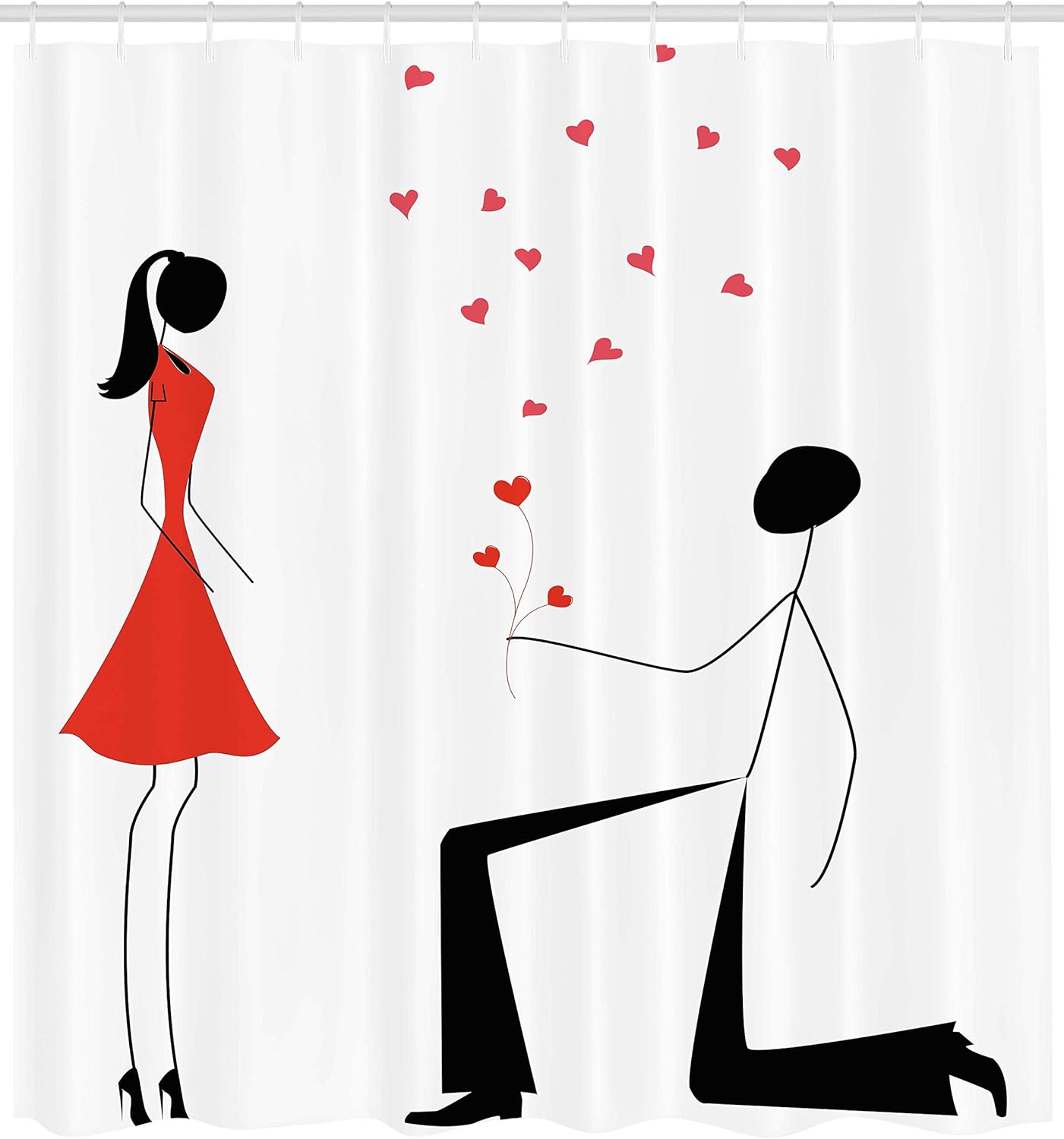 Ambesonne Engagement Party Shower Curtain, Celebration Modern Minimalist Design Couple with Heart Flowers, Cloth Fabric Bathroom Decor Set with Hooks, 69" W x 70" L, Black White and Red
