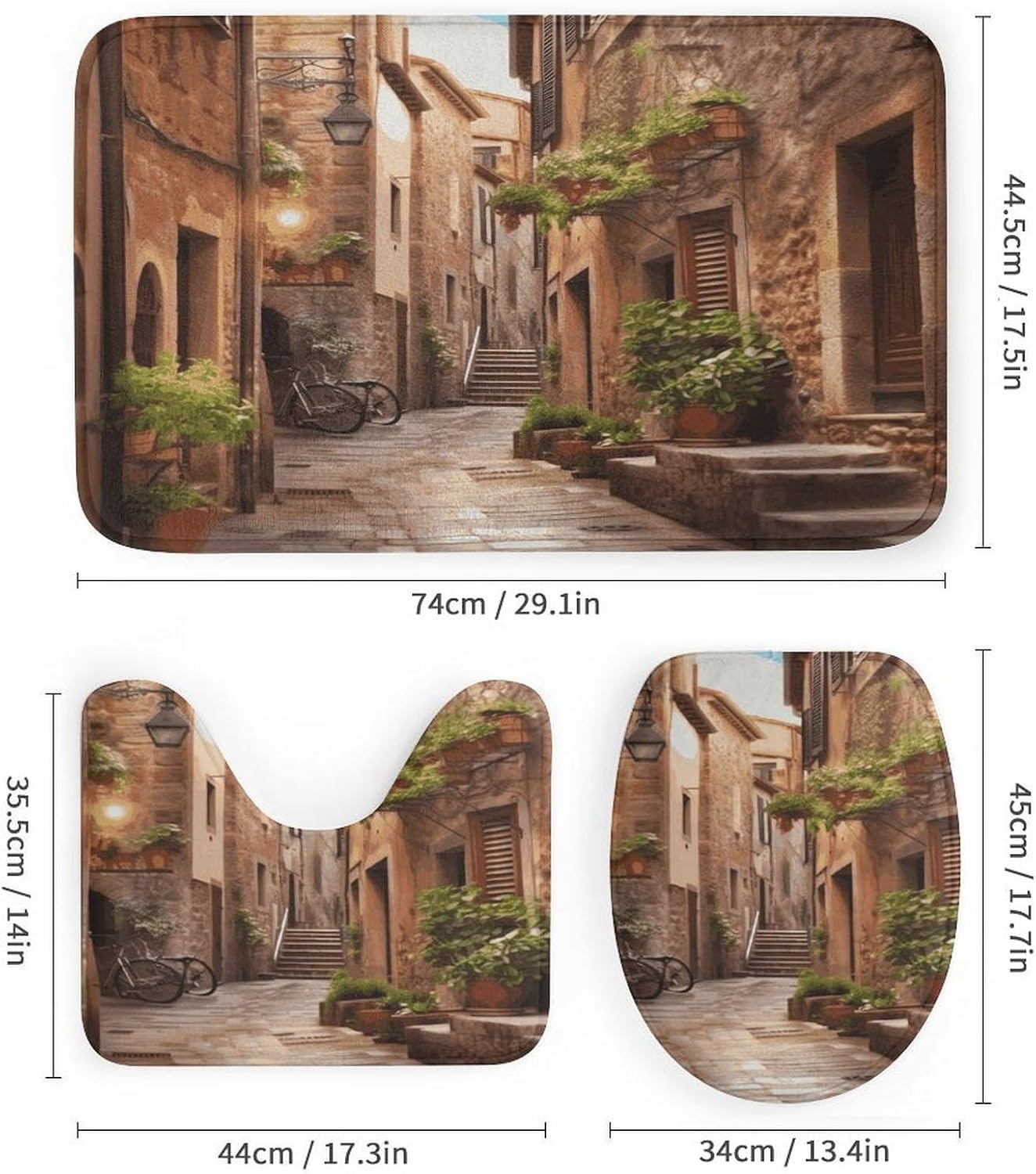 Italian Street 4Pcs Shower Curtain Set with Non-Slip Rugs, Toilet Lid Cover and Bath Mat,Bathroom Set Decor Accessories,Curtain Set with 12 Hooks, 72 X 72 Inch