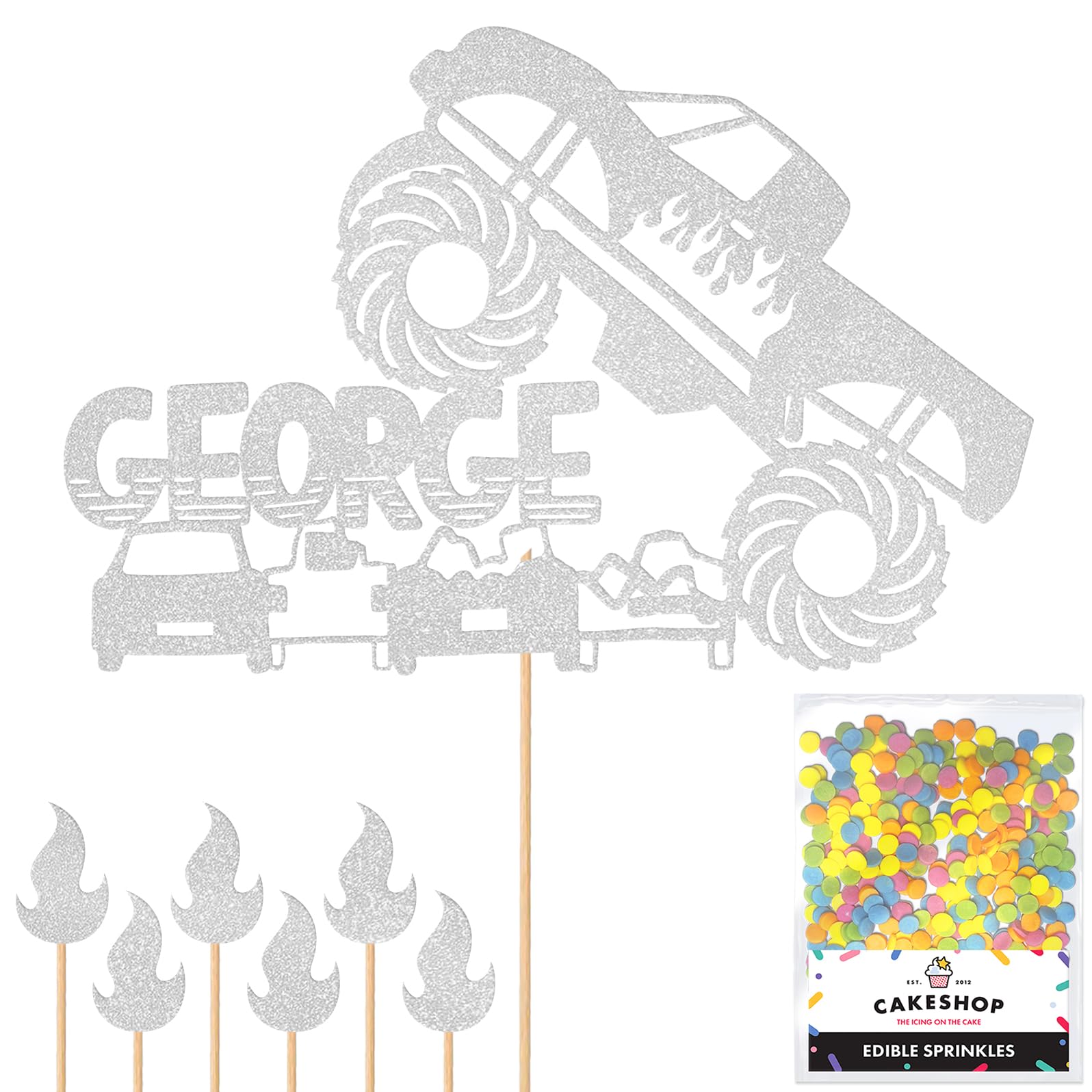 Personalised Off-Road Monster Truck 4x4 Glitter Topper Silver Custom Name Hot Wheels Glitter Cake Decoration and Sprinkles - Happy Birthday Decorations - Personalised Toppers for Cakes by Cakeshop โ image 1
