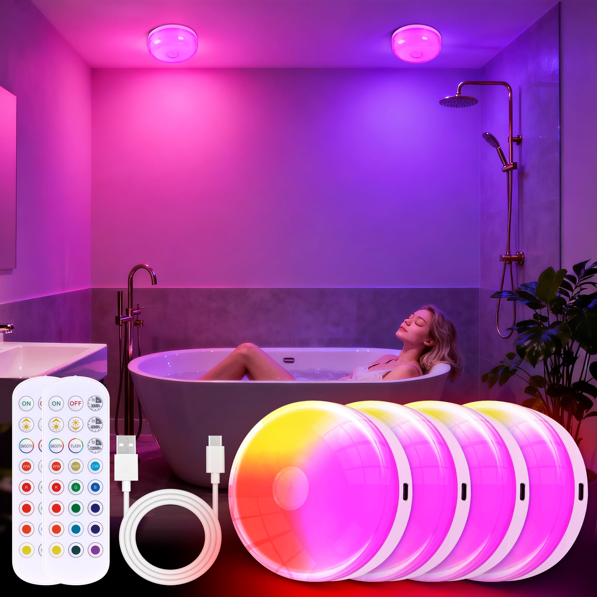 4-Pack Waterproof Shower Light No Wiring, Rechargeable Shower Lamp, White