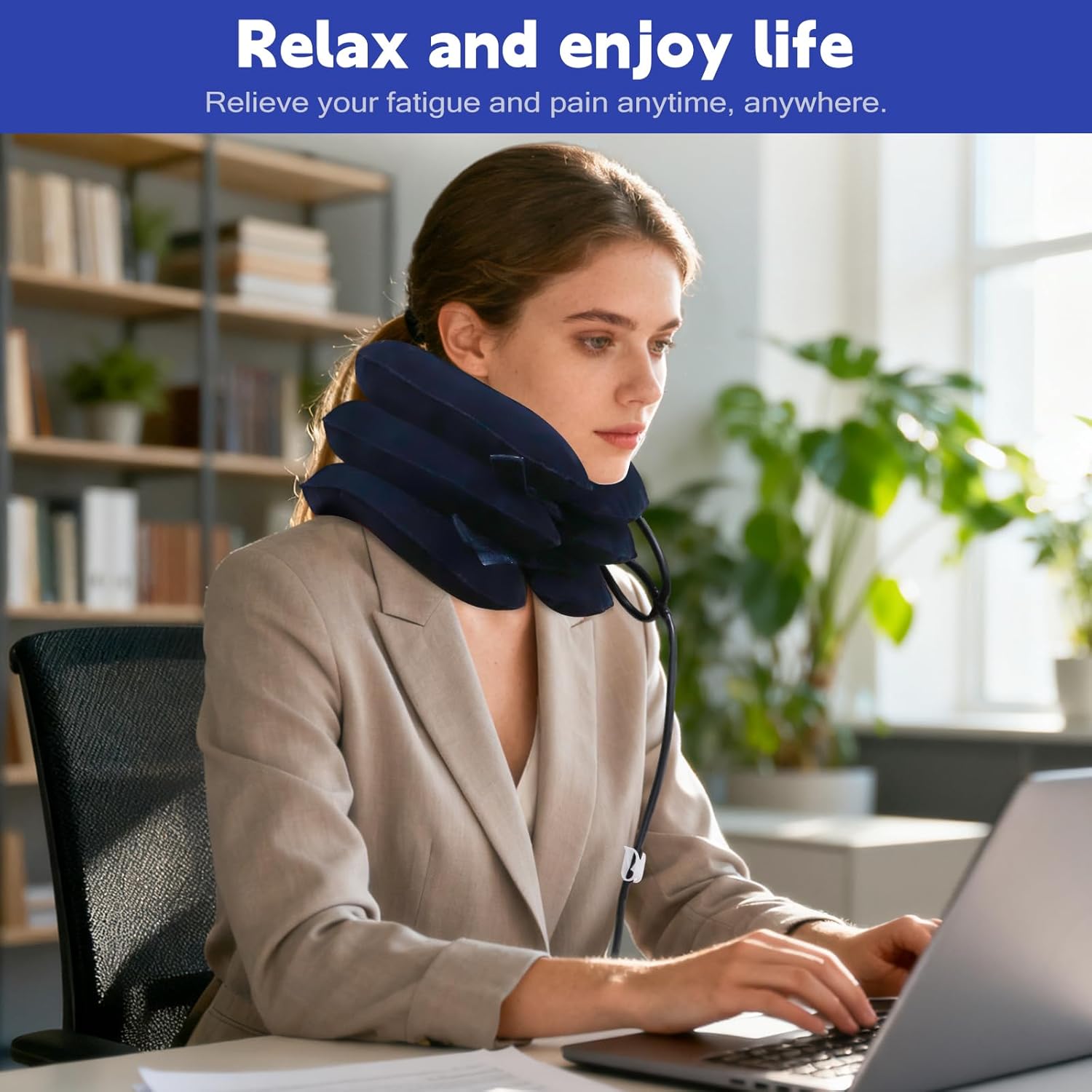 Neck Stretcher,Inflatable Cervical Traction Neck Device,Neck Relief Tool,Adjustable Cervical Brace,Home Use Neck Decompression (Dark Blue) - Image 5